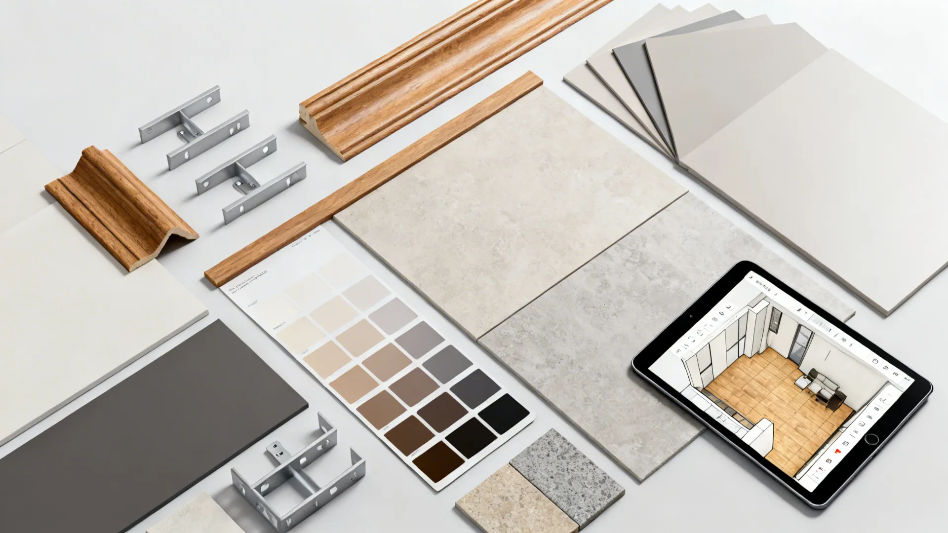 Top-down flatlay of modular components, finish samples, and a tablet with a 3D planner for half wall design.