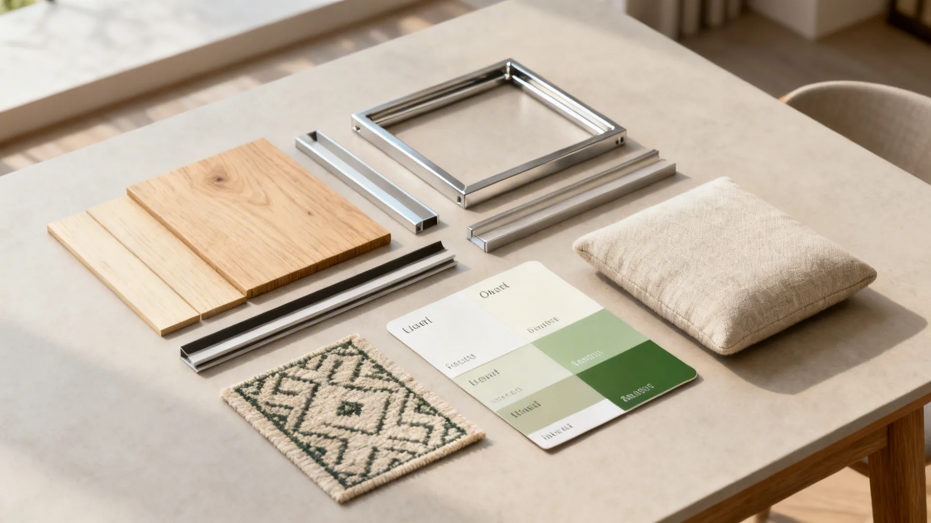Flatlay of wood, metal and fabric samples for small dining combos