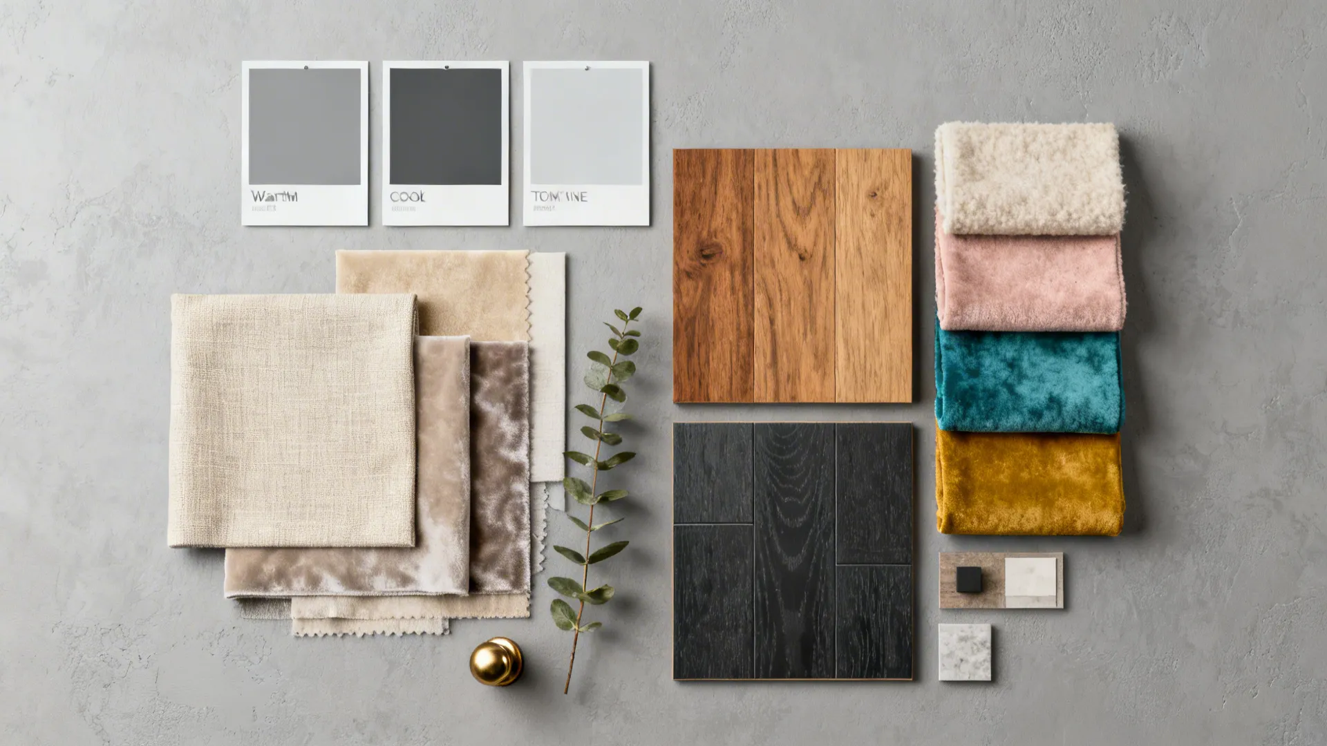 Top-down flatlay of paint, fabric and wood samples for styling gray walls.