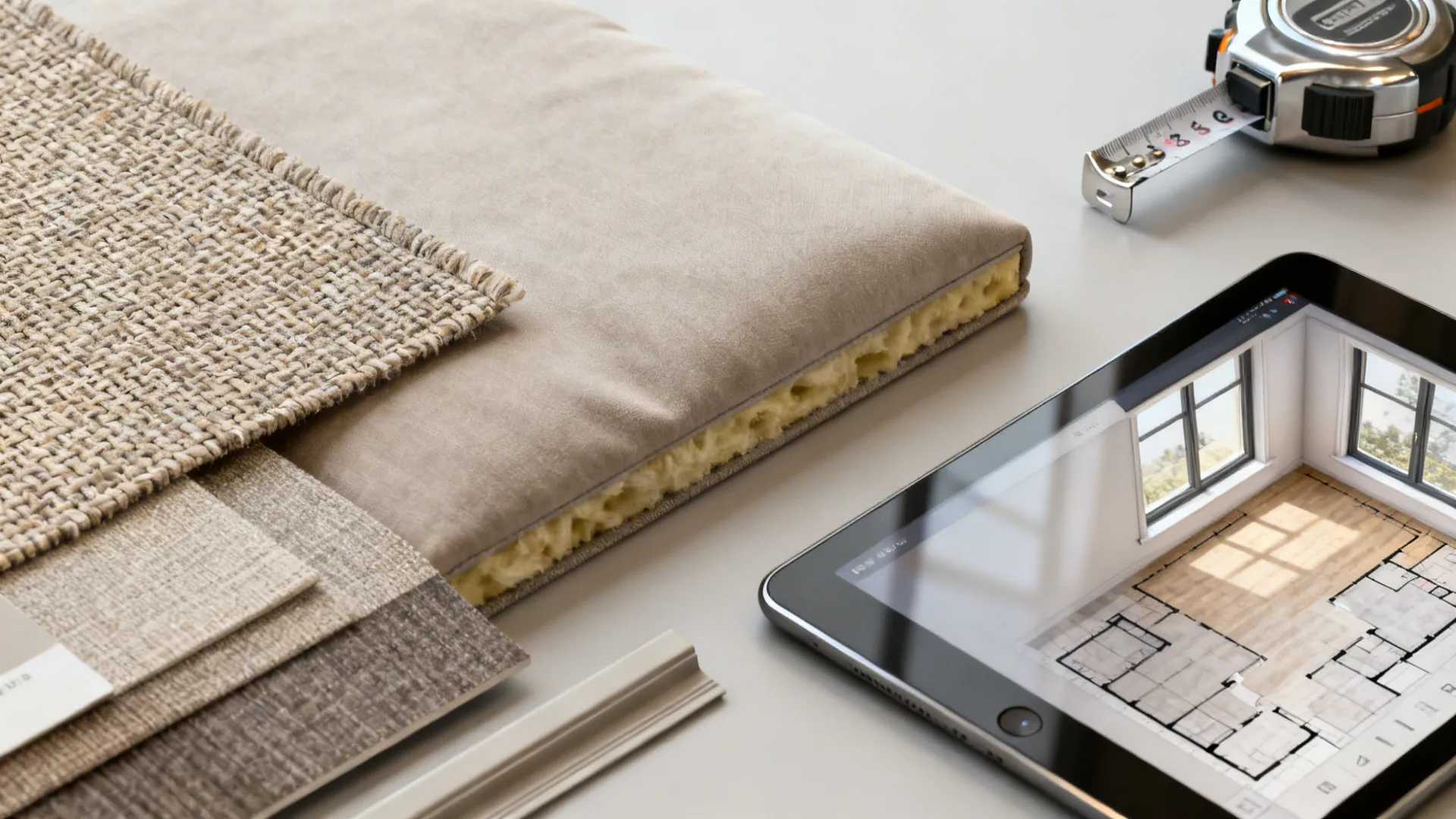 Interior design materials with fabric samples tape measure and tablet showing a 3D room plan
