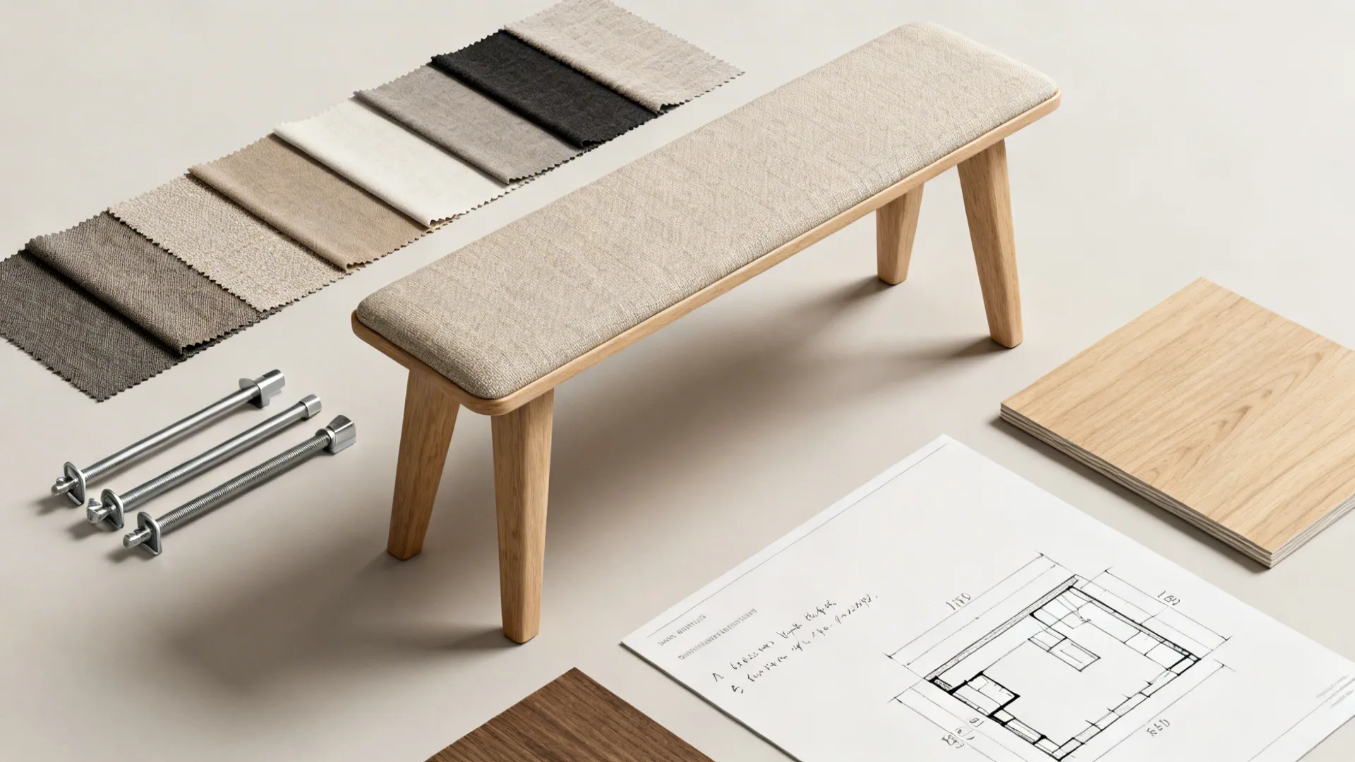Interior design material flatlay with fabric swatches wooden bench furniture floor plan and wood board samples