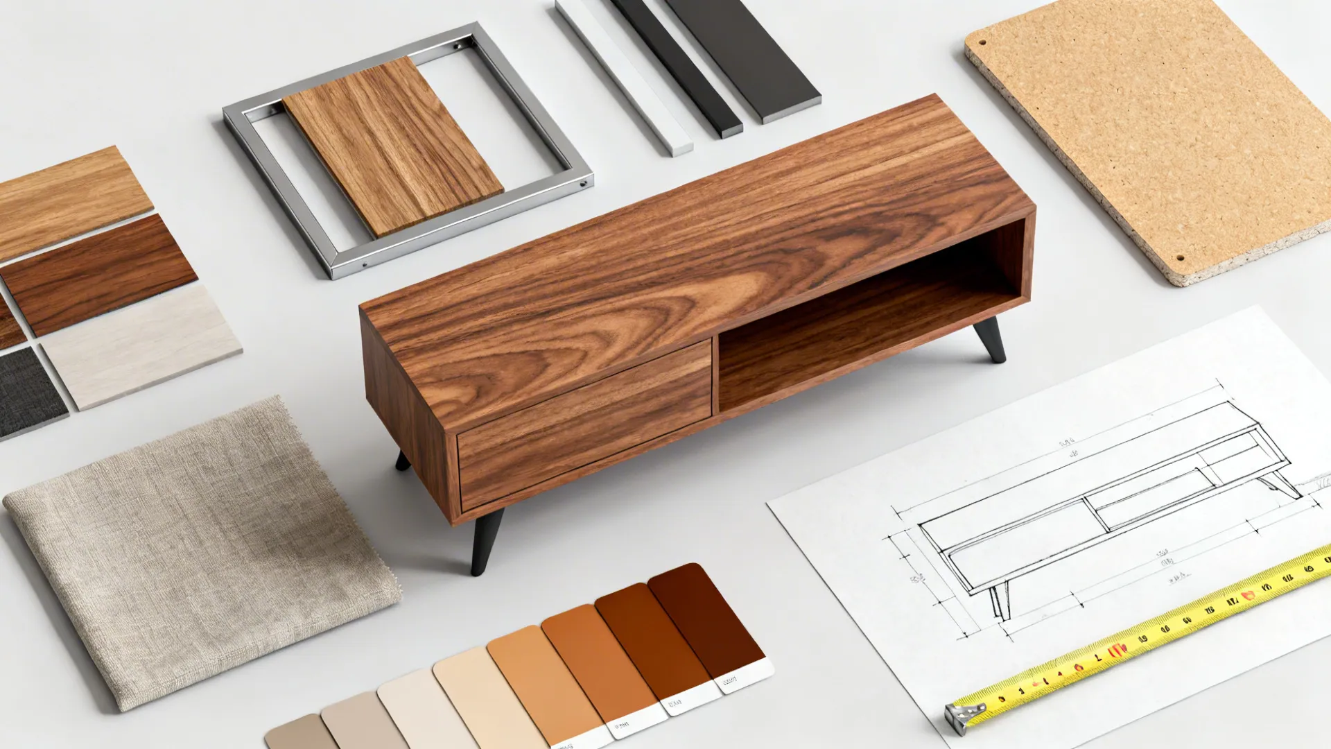 Small wooden cabinet model surrounded by color swatches fabric samples and an interior design drawing