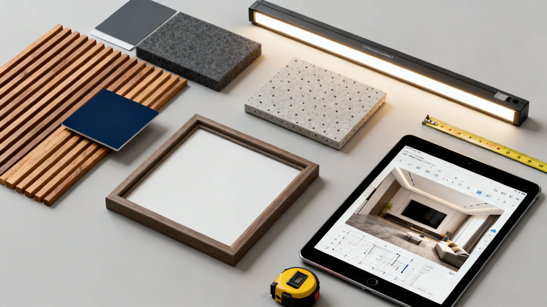 Flatlay of paint swatches, wood slat samples, acoustic tile and LED bias lighting for TV wall planning
