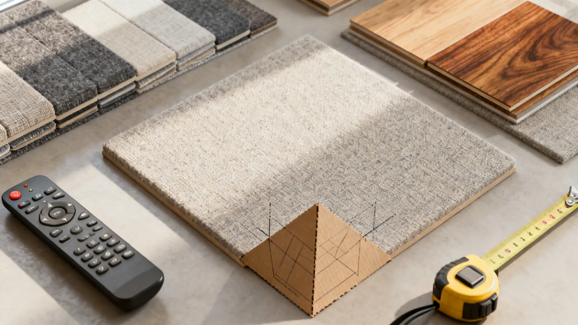 Interior design material flatlay with carpet samples wood flooring remote control and yellow tape measure