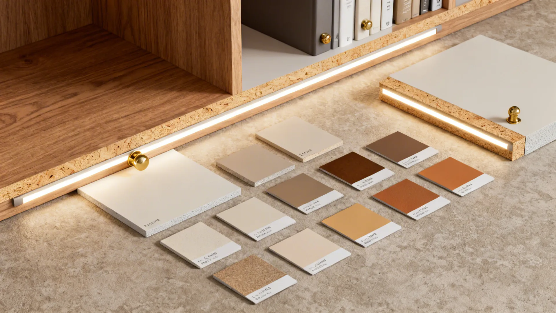Material flatlay showing wood veneer, painted swatches, LED strips and hardware samples for built-ins