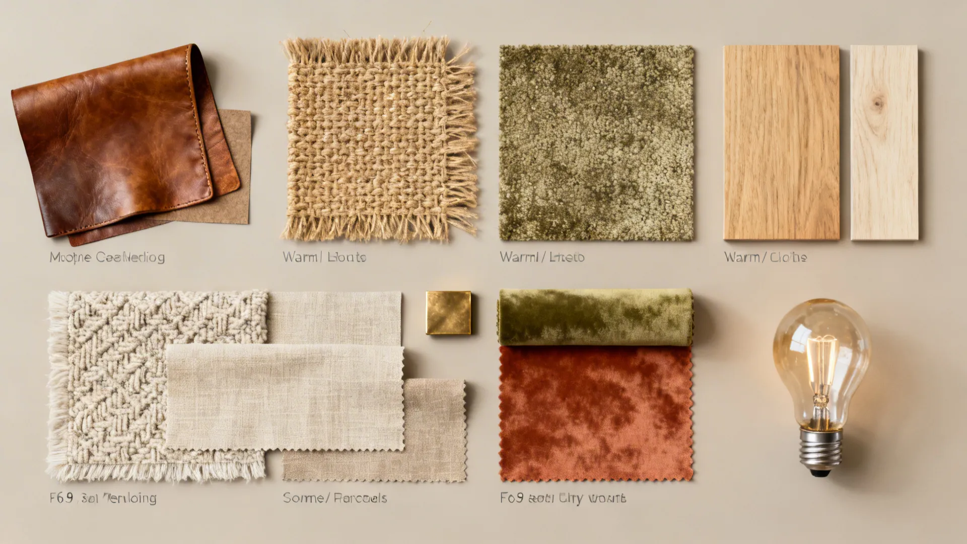 Flatlay of leather, rug, wood and fabric swatches showing a cohesive styling palette.
