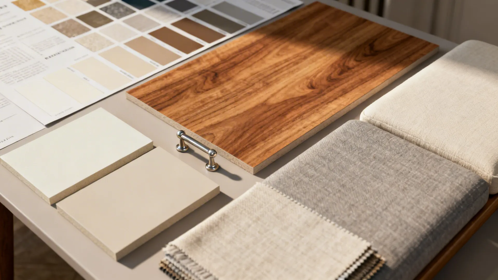 Interior design material board with wood panel fabric samples color swatches and silver metal cabinet handle