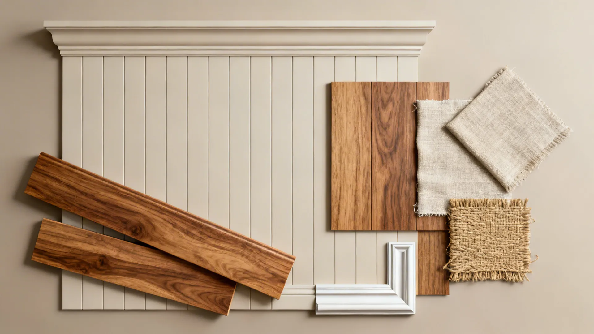 Material flatlay of faux-beam panels, veneer planks and textile swatches for budget farmhouse accents.