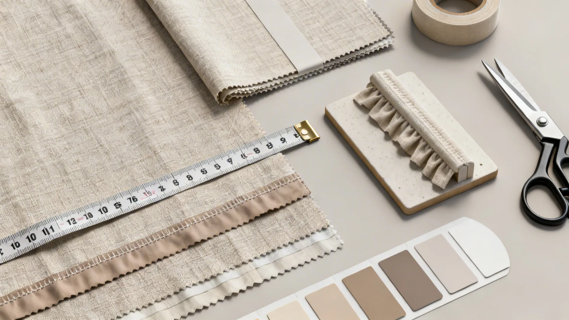 Flatlay of linen fabric swatches, measuring tape, pelmet sample and sewing tools for short curtains