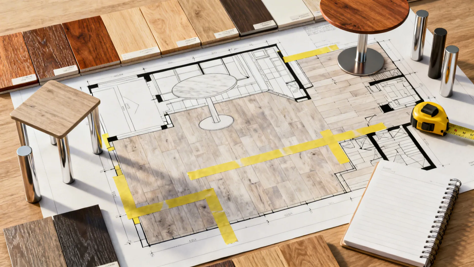 Flatlay of wood and metal samples, measuring tape and painter's tape floor mockup