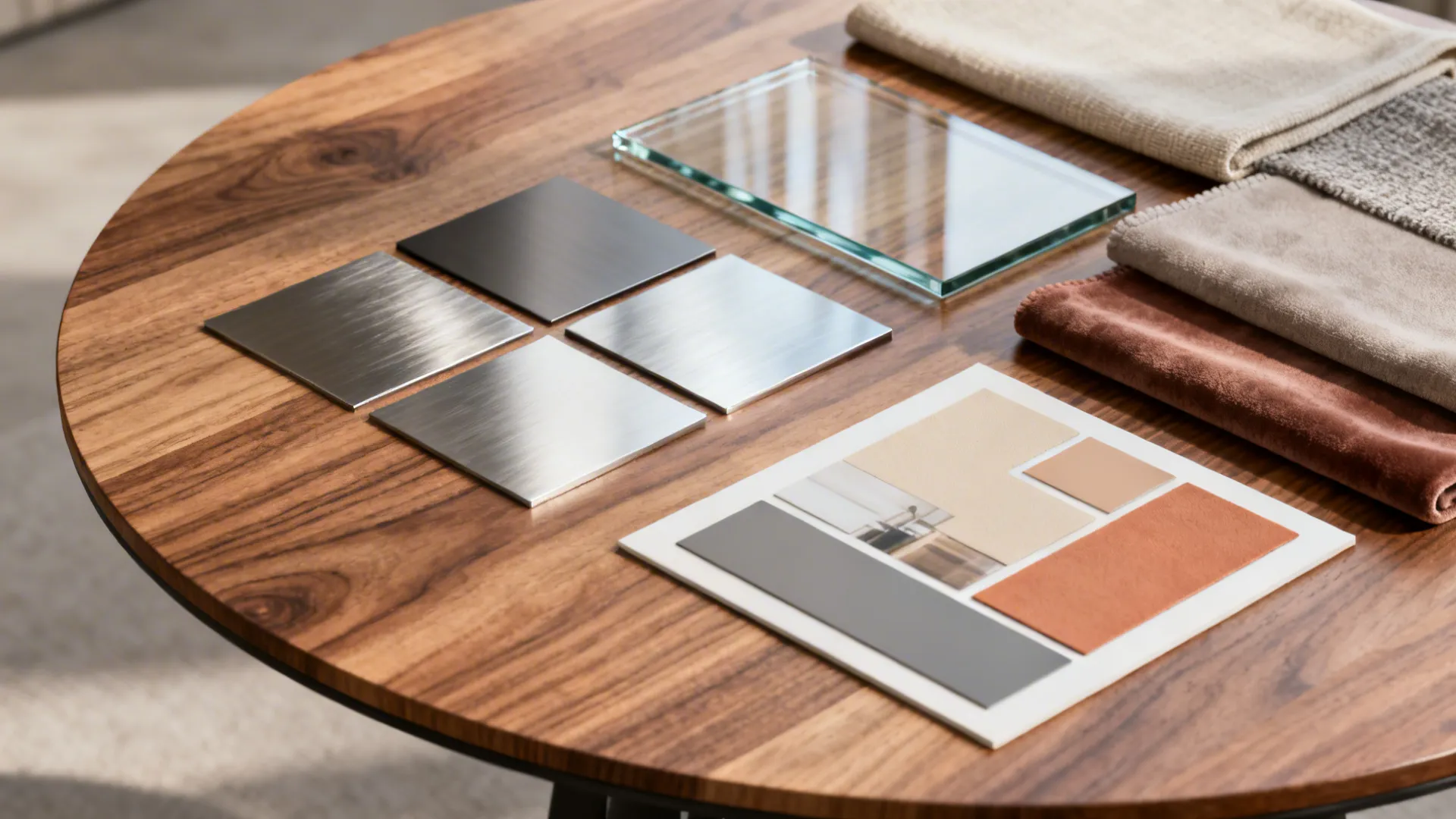 Flatlay of wood, metal, glass and laminate samples for round end table finishes.