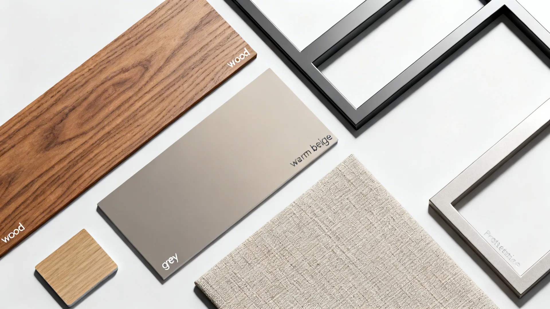 Collection of interior design materials including wood samples beige color board fabric and metal frames