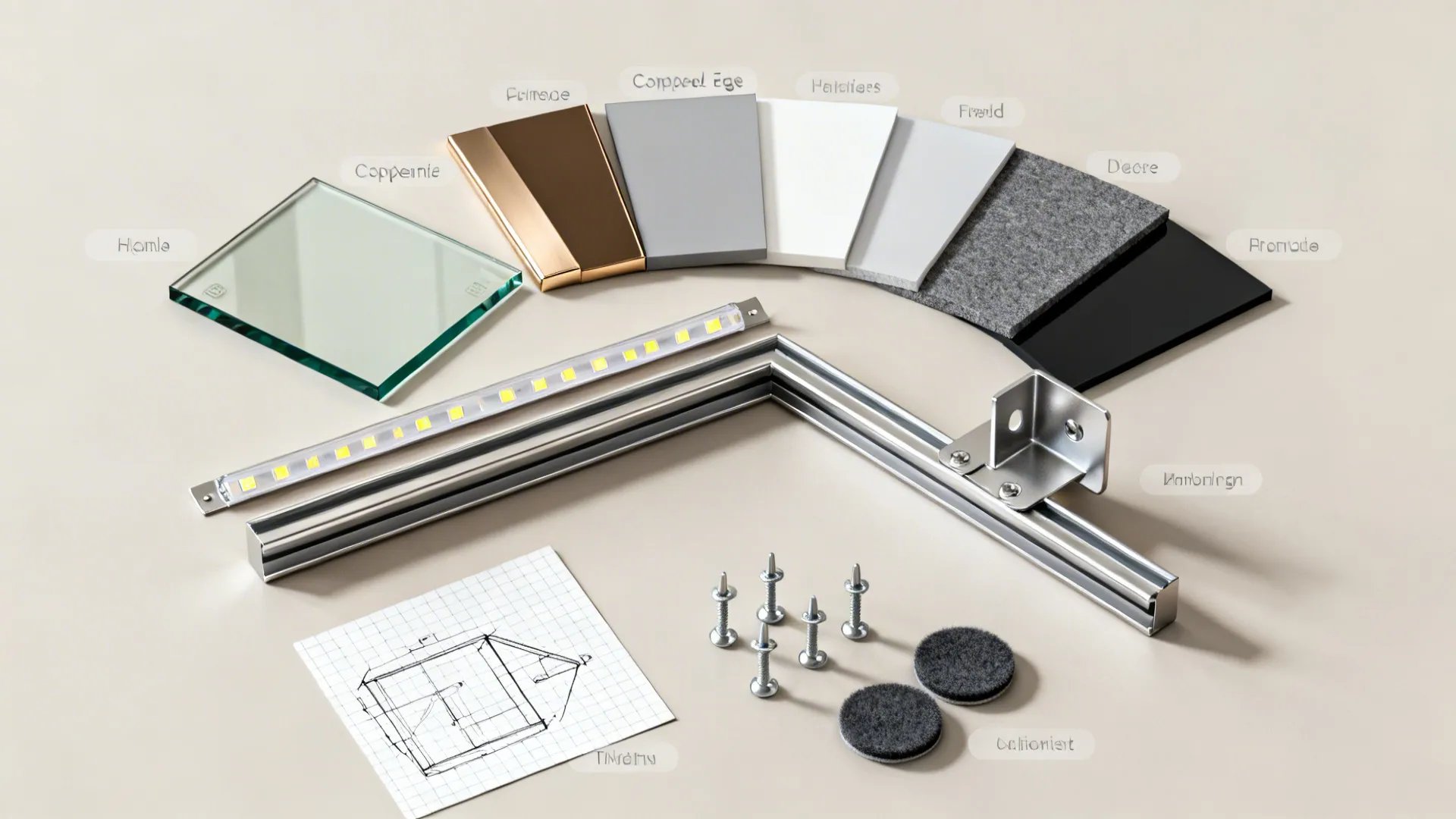 Top-down flatlay of tempered glass samples, metal swatches, LED strip and mounting hardware for corner shelves.