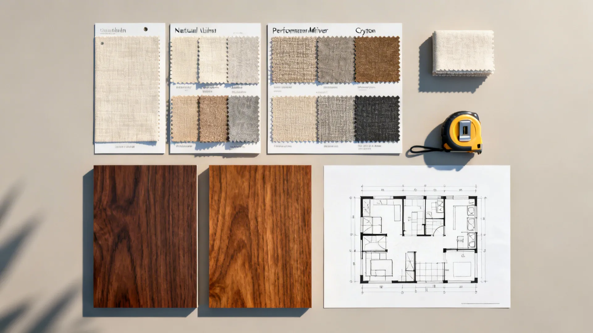Flatlay of upholstery swatches, wood samples, measuring tape and simple floor plan for choosing a chair.