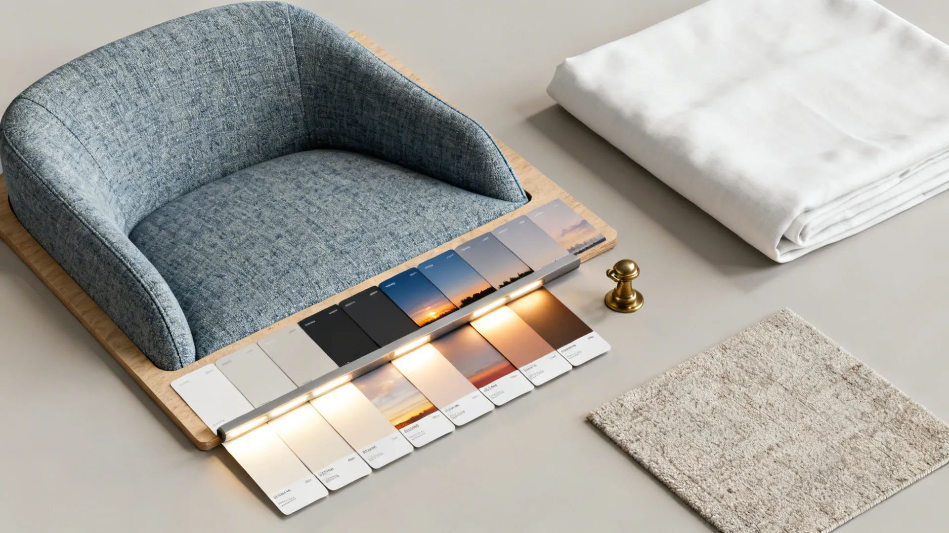 Flatlay of blue-grey fabric swatch, white slipcover fabric, paint cards, brass sample, and rug swatch