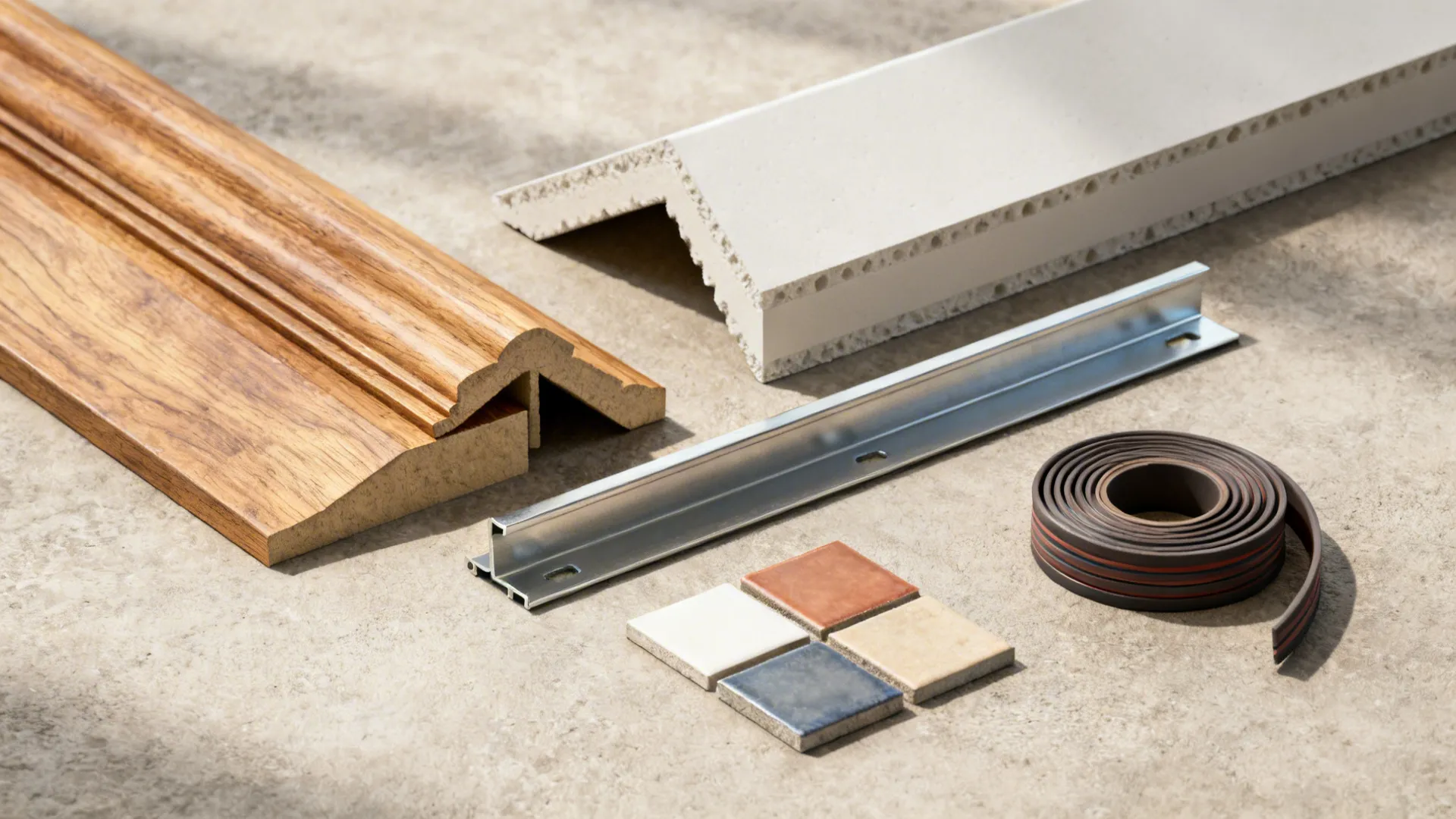 Flatlay of trim, plasterboard profiles, metal channel and tile swatches for finishing cut-out edges.