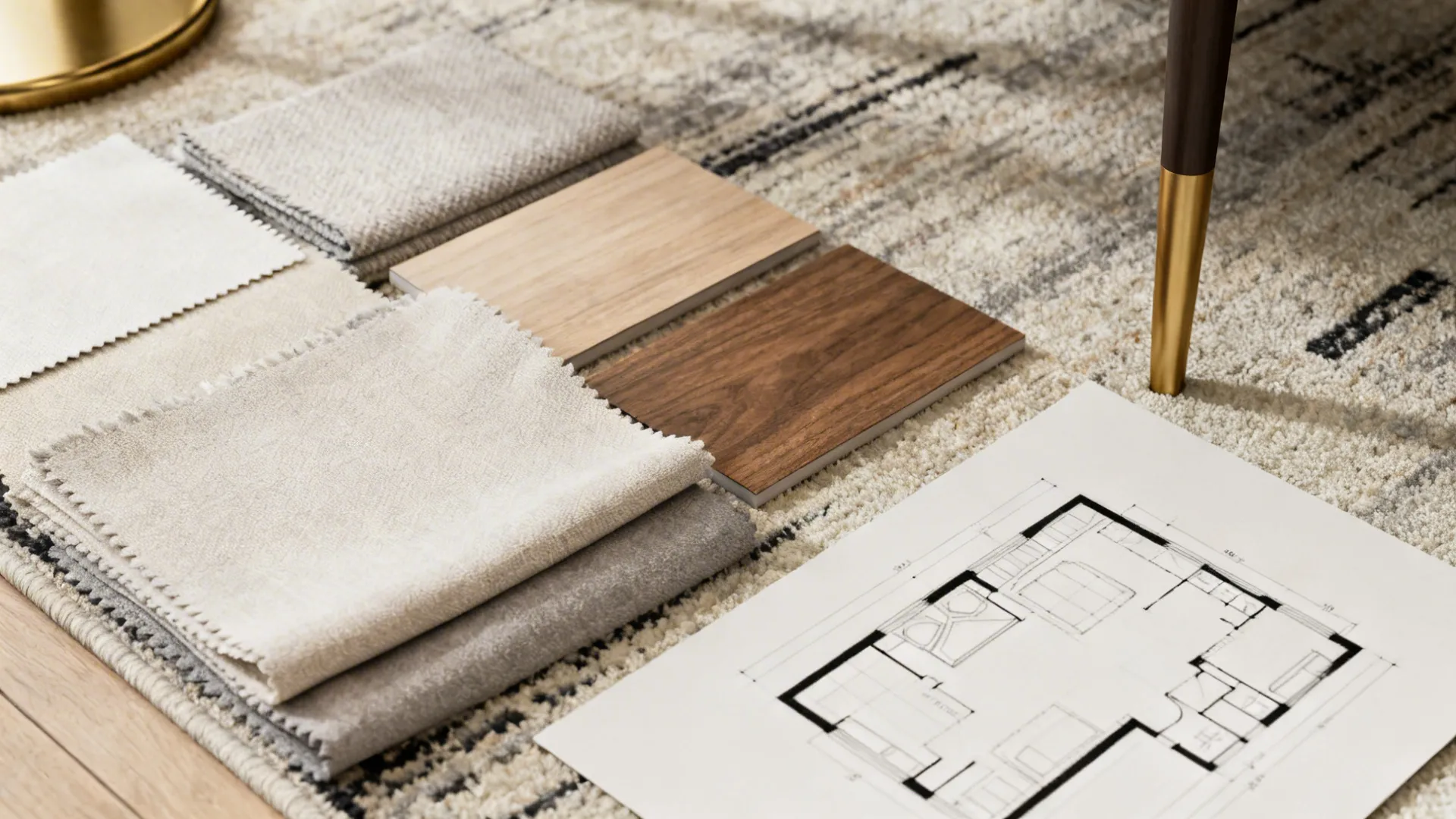 Flatlay of fabric swatches, wood samples and rug textures for a light neutral small living room palette.
