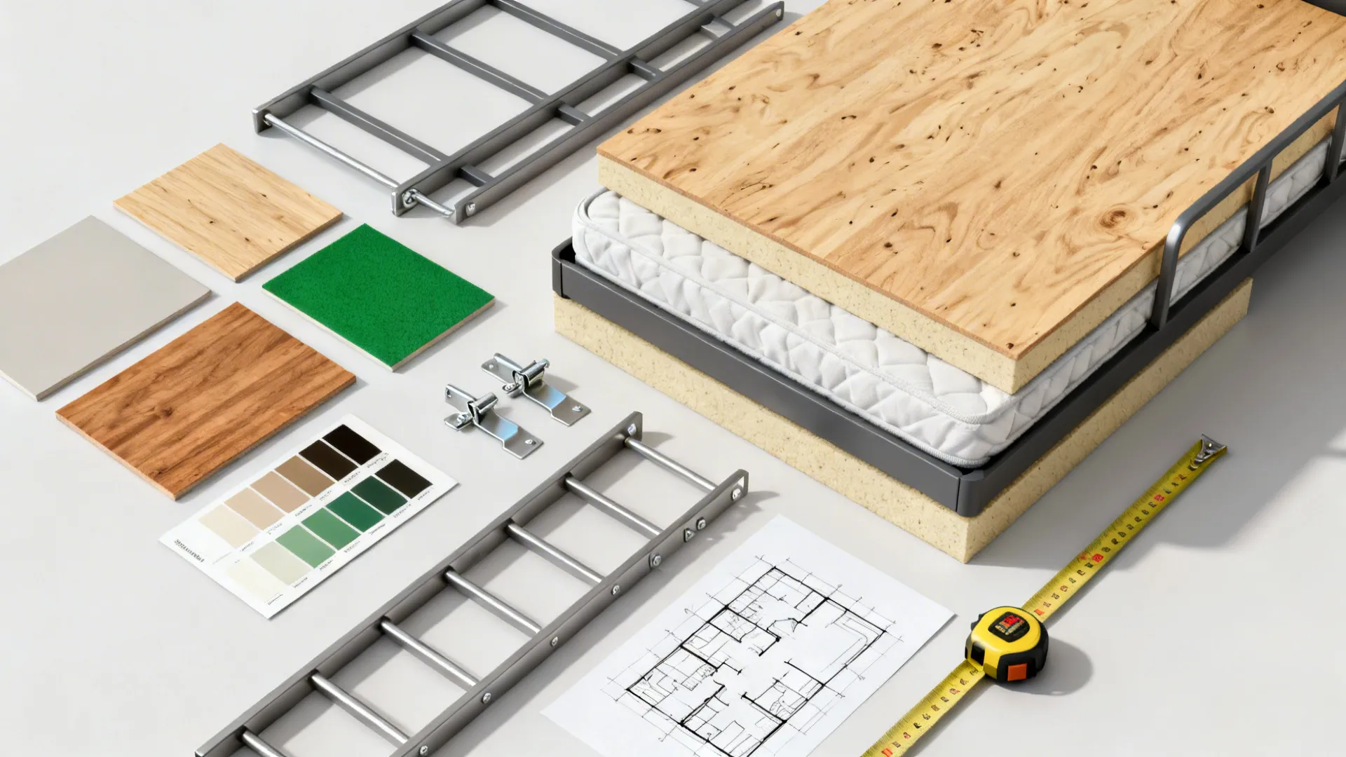 材料与预算参考平铺：胶合板样板、金属样件、床垫厚度样本与色板