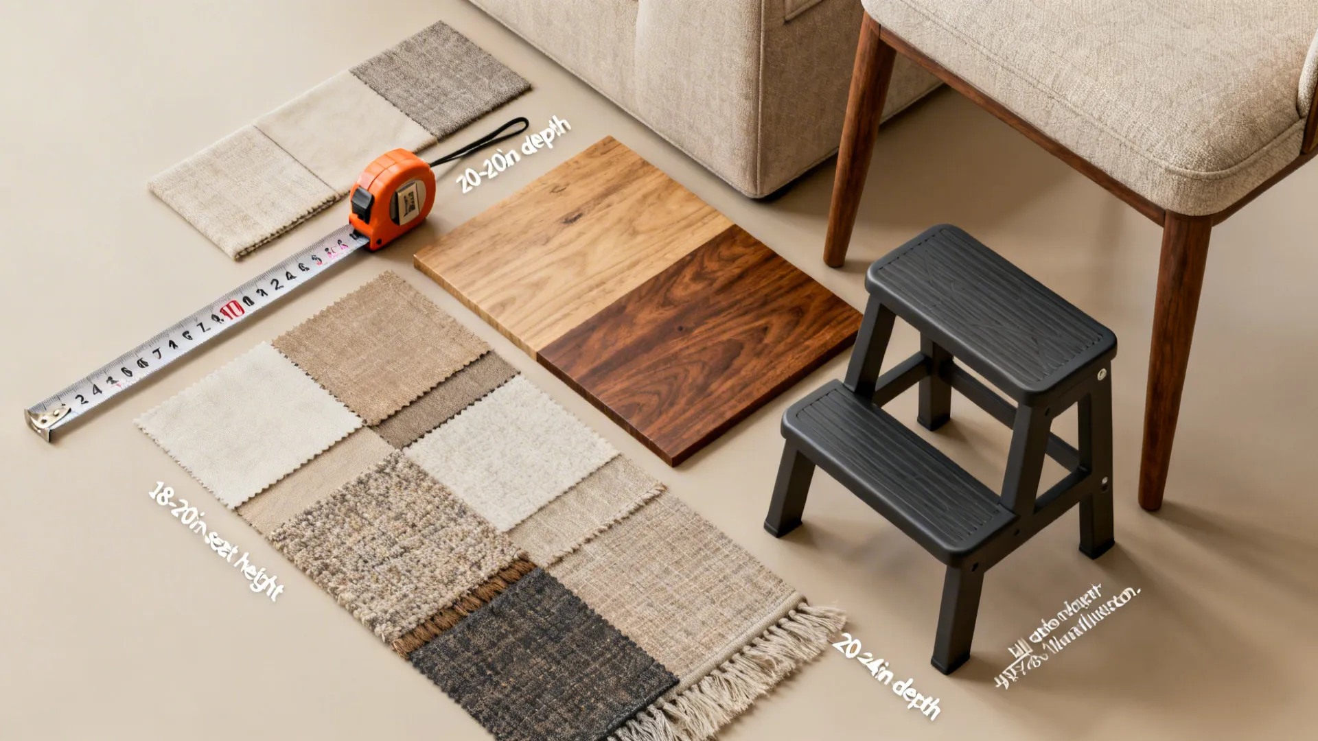Flatlay of upholstery swatches, wood samples, tape measure and step stool illustrating ergonomic dimensions