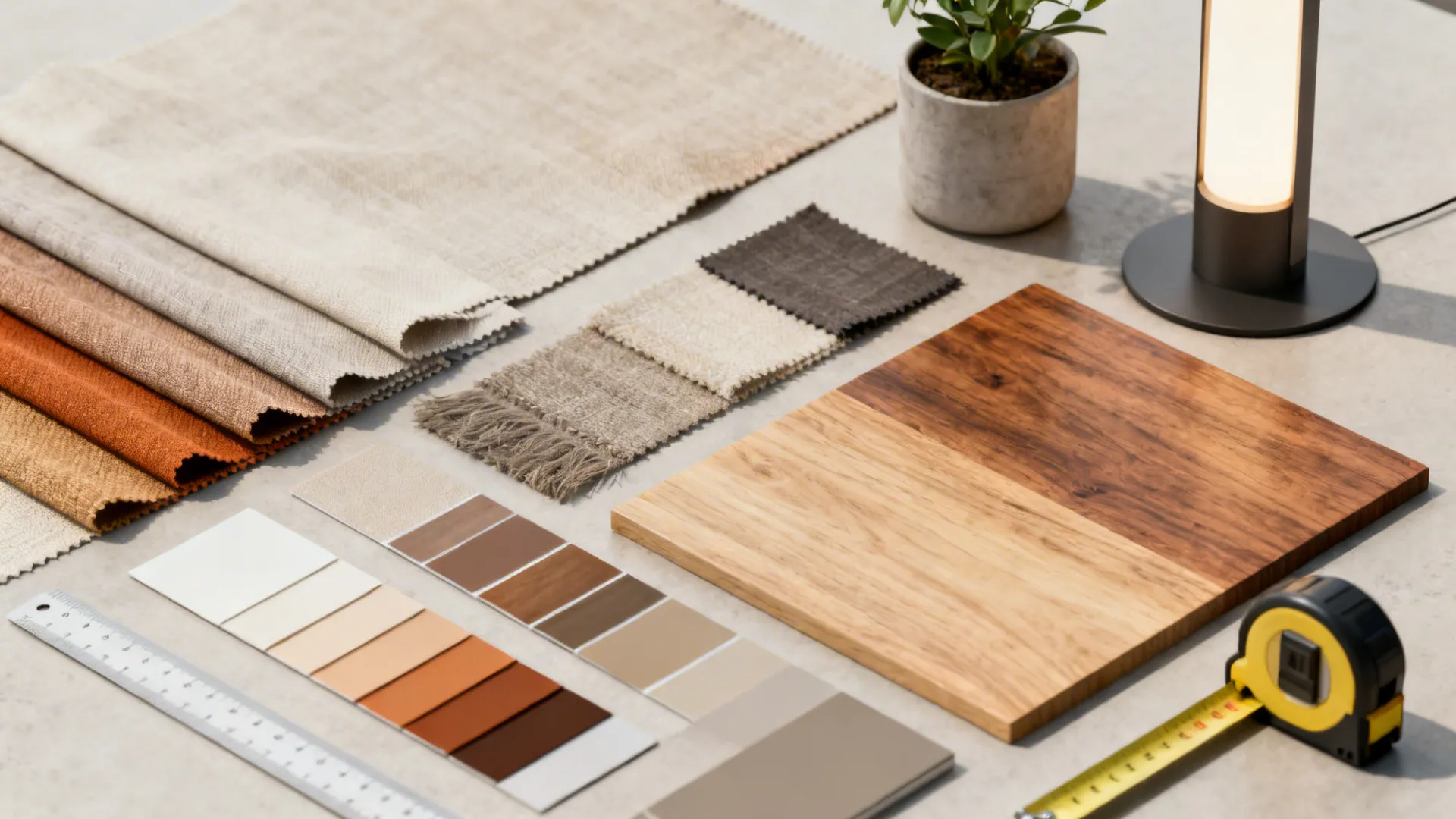 Material and color samples laid out for planning a corner design, including fabric swatches and paint chips.