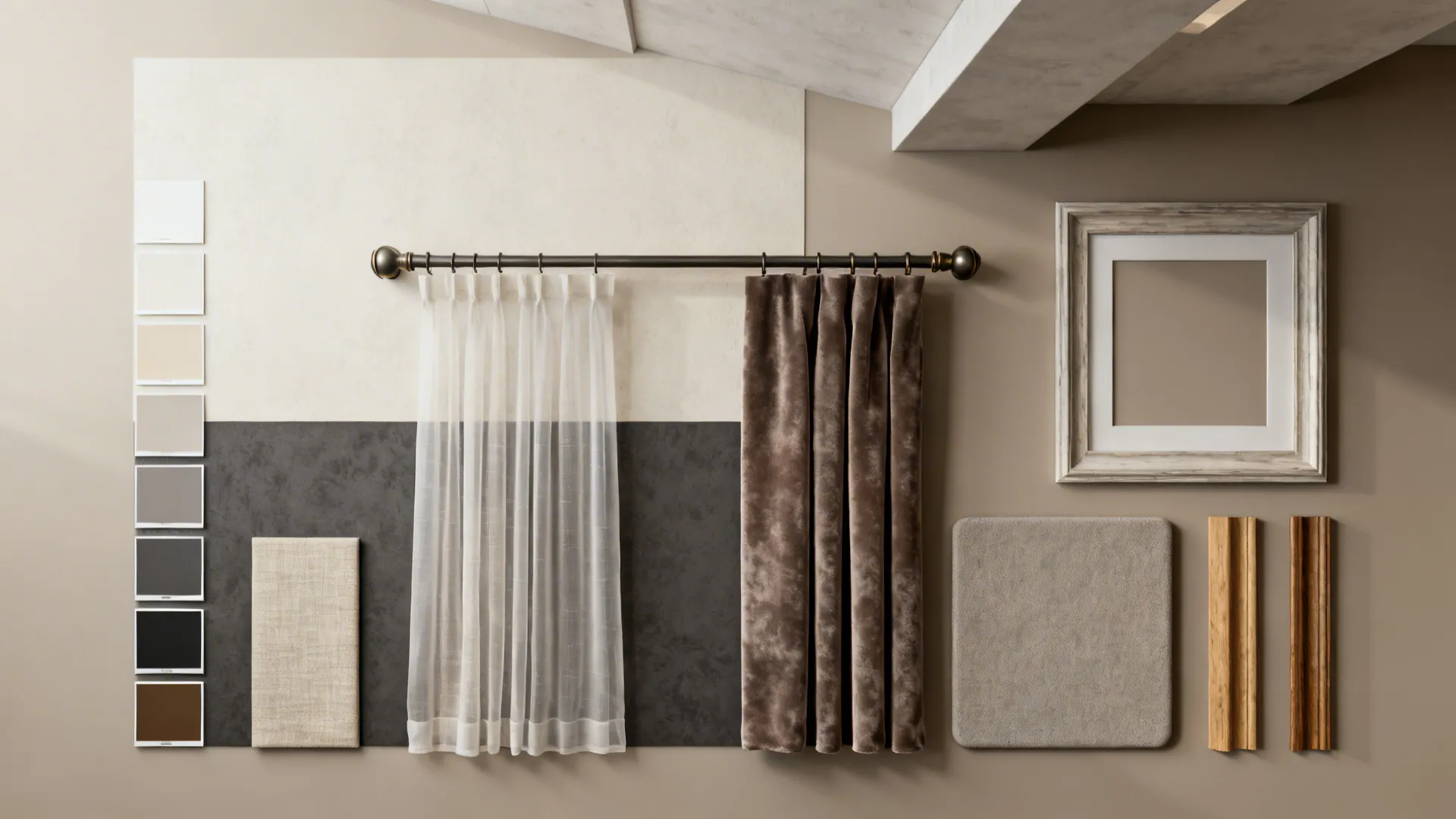Top-down material flatlay with paint swatches, fabrics, trim and acoustic sample for high-ceiling rooms.