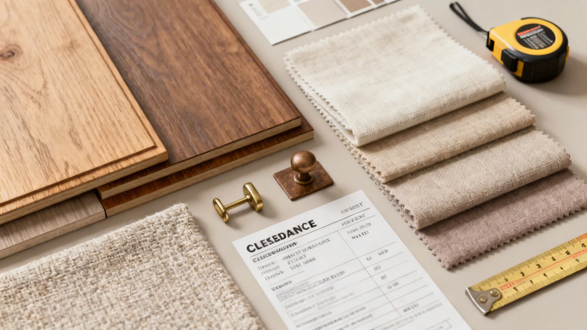 Flatlay of material samples and color swatches for a cohesive small-bedroom palette