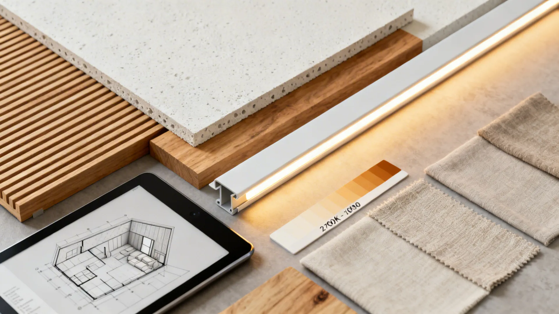 Flatlay of false ceiling material samples including gypsum, engineered wood slats, LED diffuser and warm light swatches.