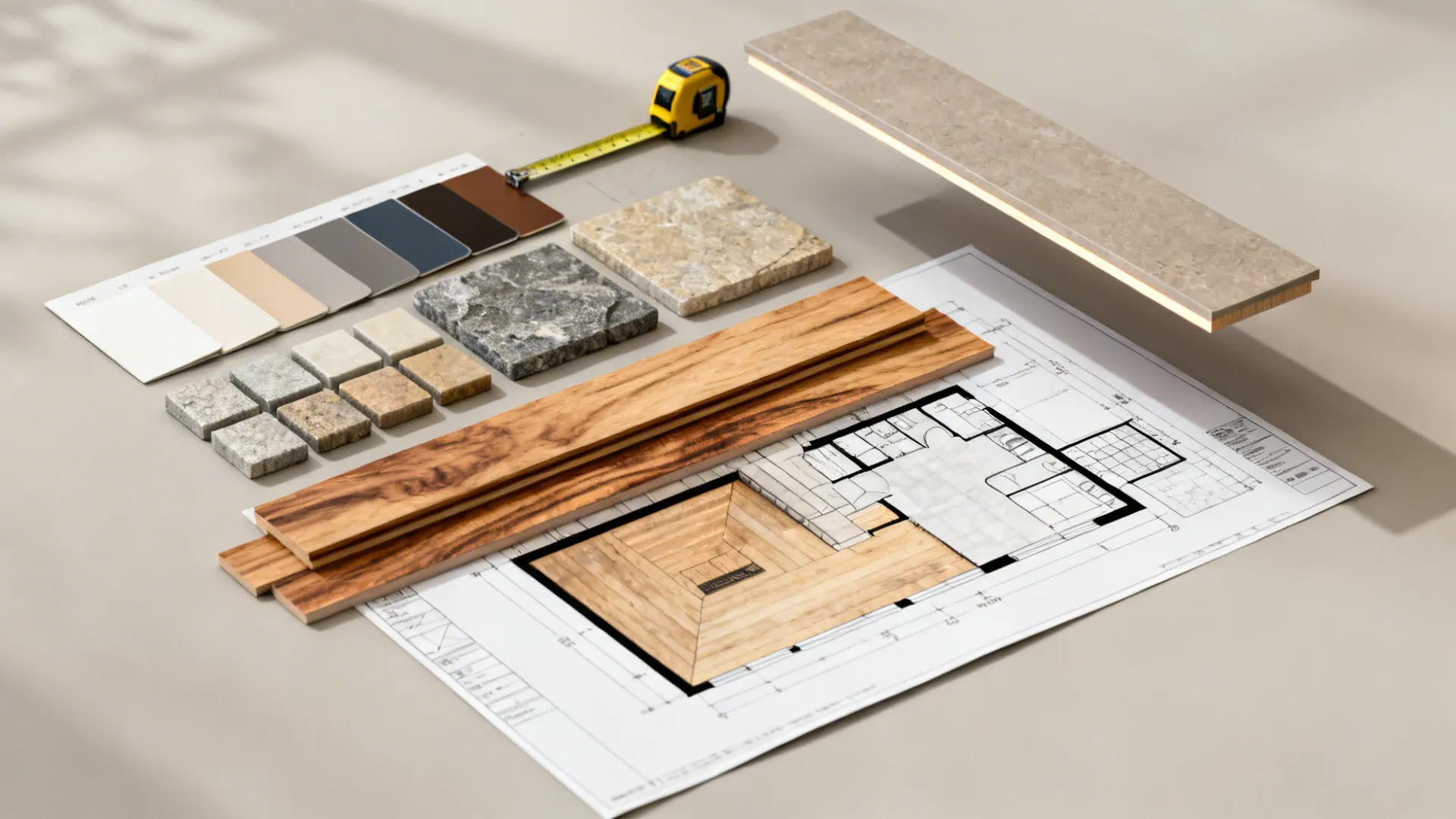 Flatlay of paint swatches, tile and wood samples, and a 3D floor planner mockup for fireplace planning.