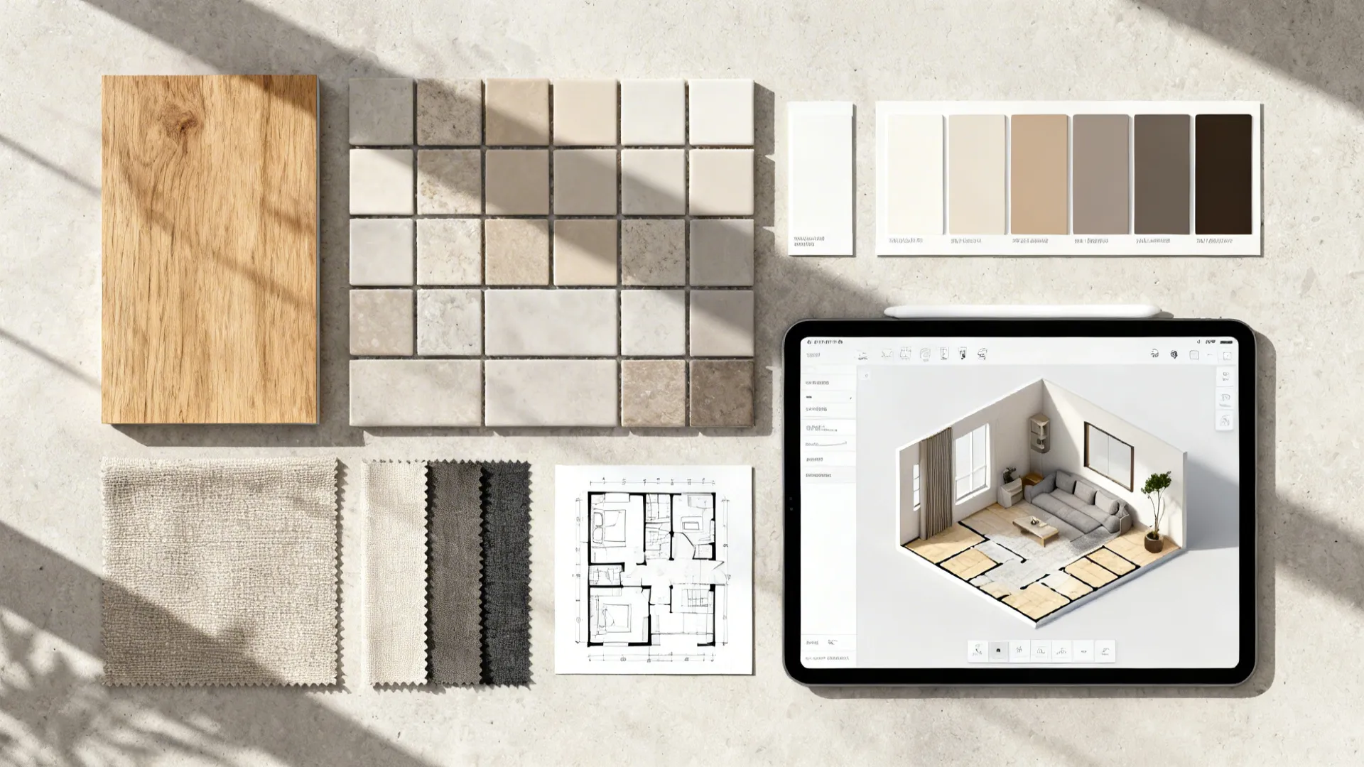 Material flatlay with wood and tile swatches, fabric samples and a 3D floor planner on a tablet.