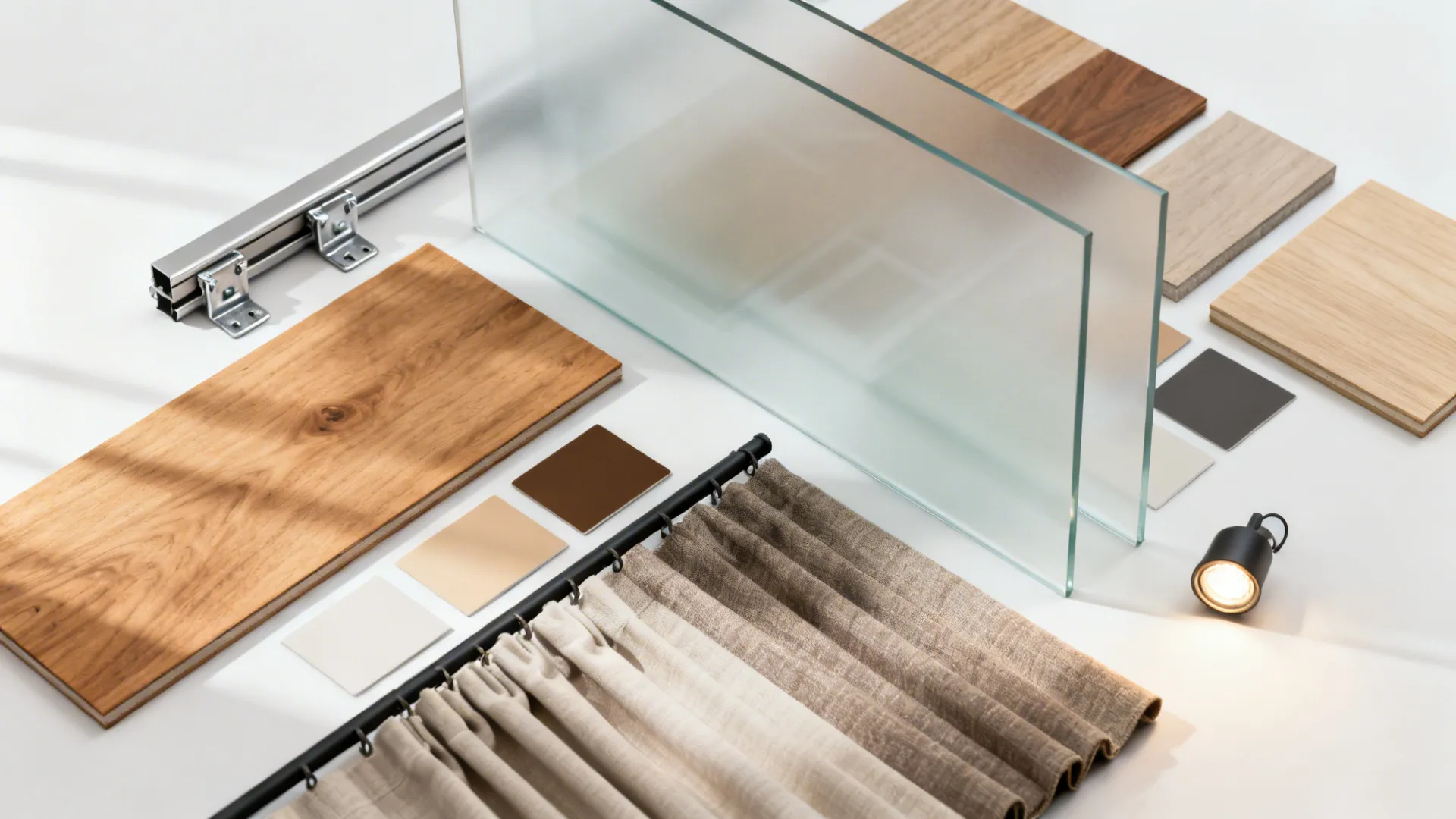 Flatlay of modular materials and hardware for budget-friendly room dividers.