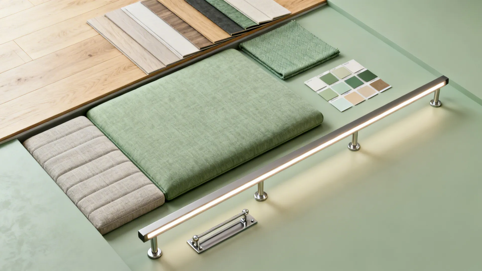 Flatlay of flooring, upholstery, LED strip, and hardware samples for sunken living room design