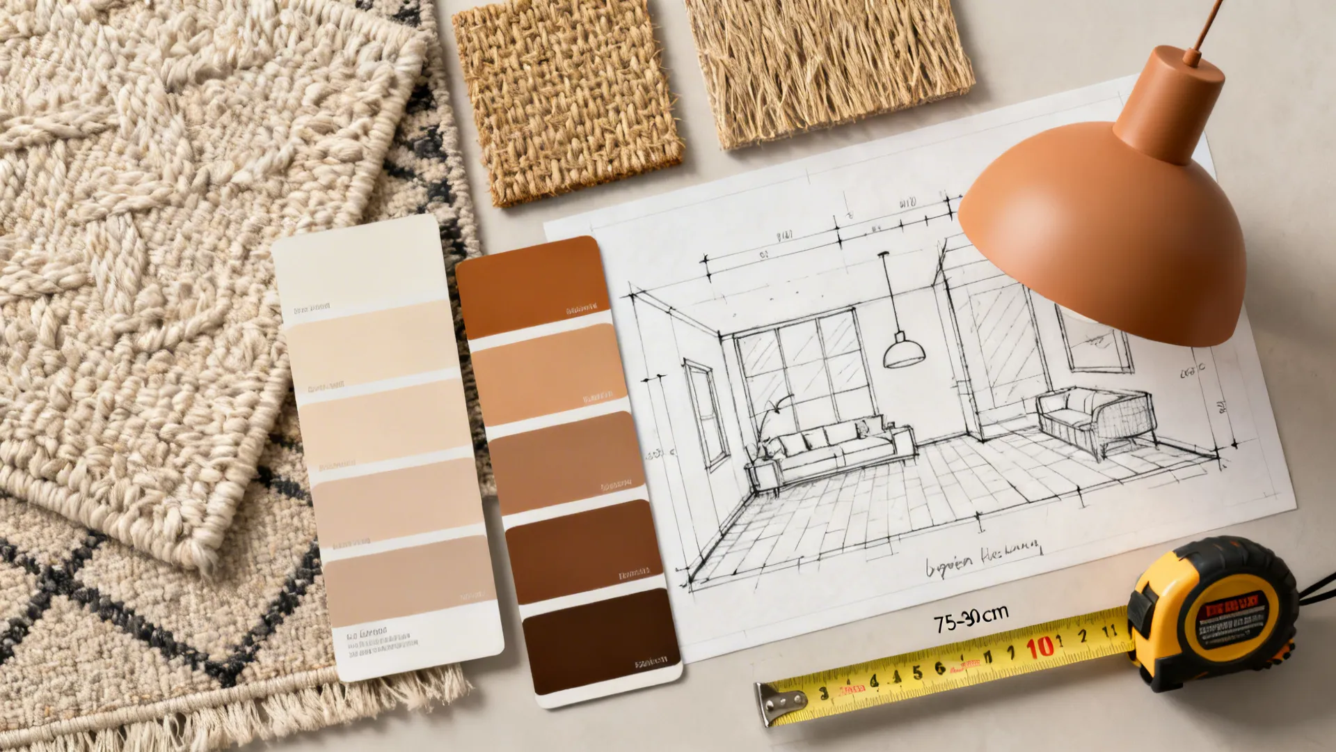 Flatlay of rug swatches, paint chips, pendant sample, measuring tape and floor plan showing clearance tips.