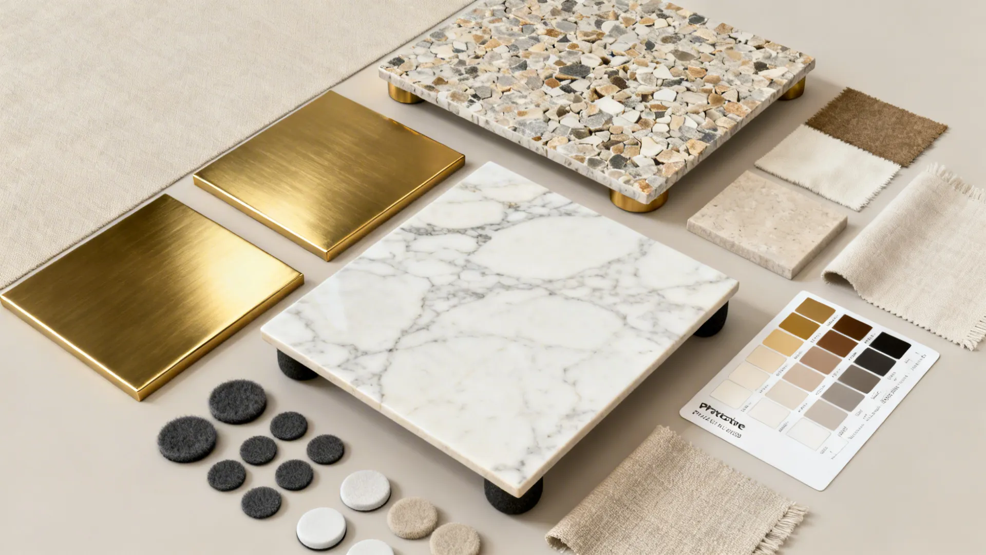 Flatlay of gold finishes, marble samples, felt feet, and fabric swatches for choosing side tables.