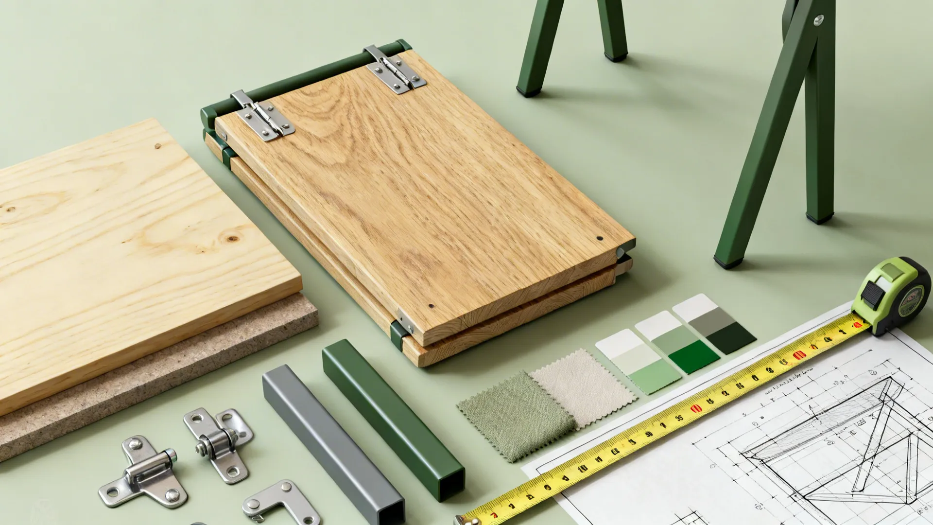 Flatlay of material samples, metal legs, and hinge types for folding tables