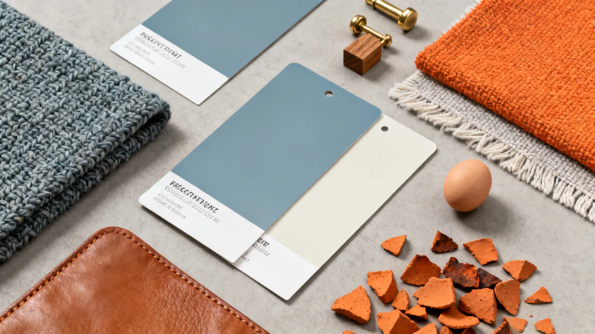 Flatlay of paint, fabric, wood and metal samples for a grey-blue and orange palette
