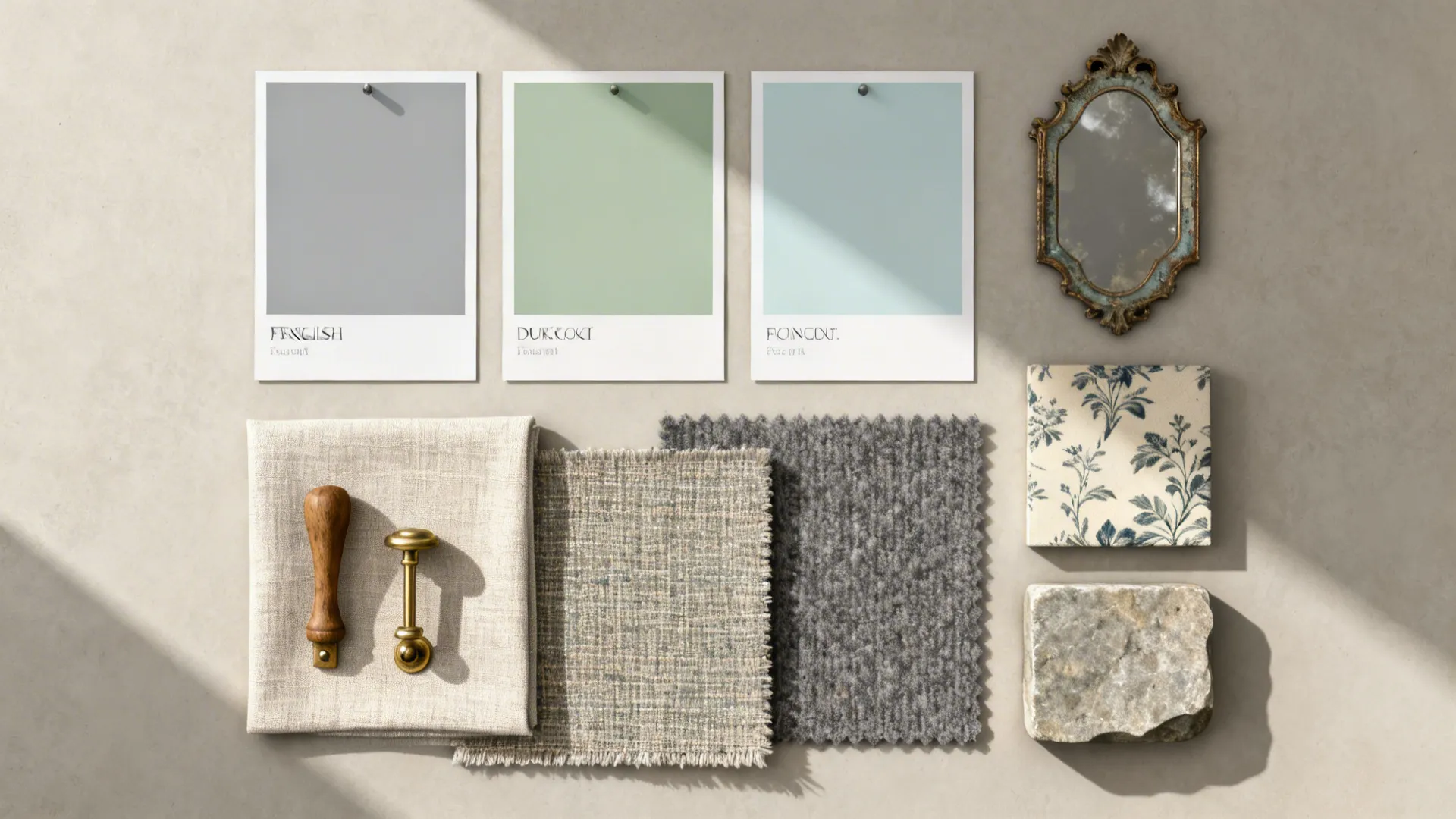 Flatlay of paint swatches, fabric samples, wood and brass hardware for a country palette.