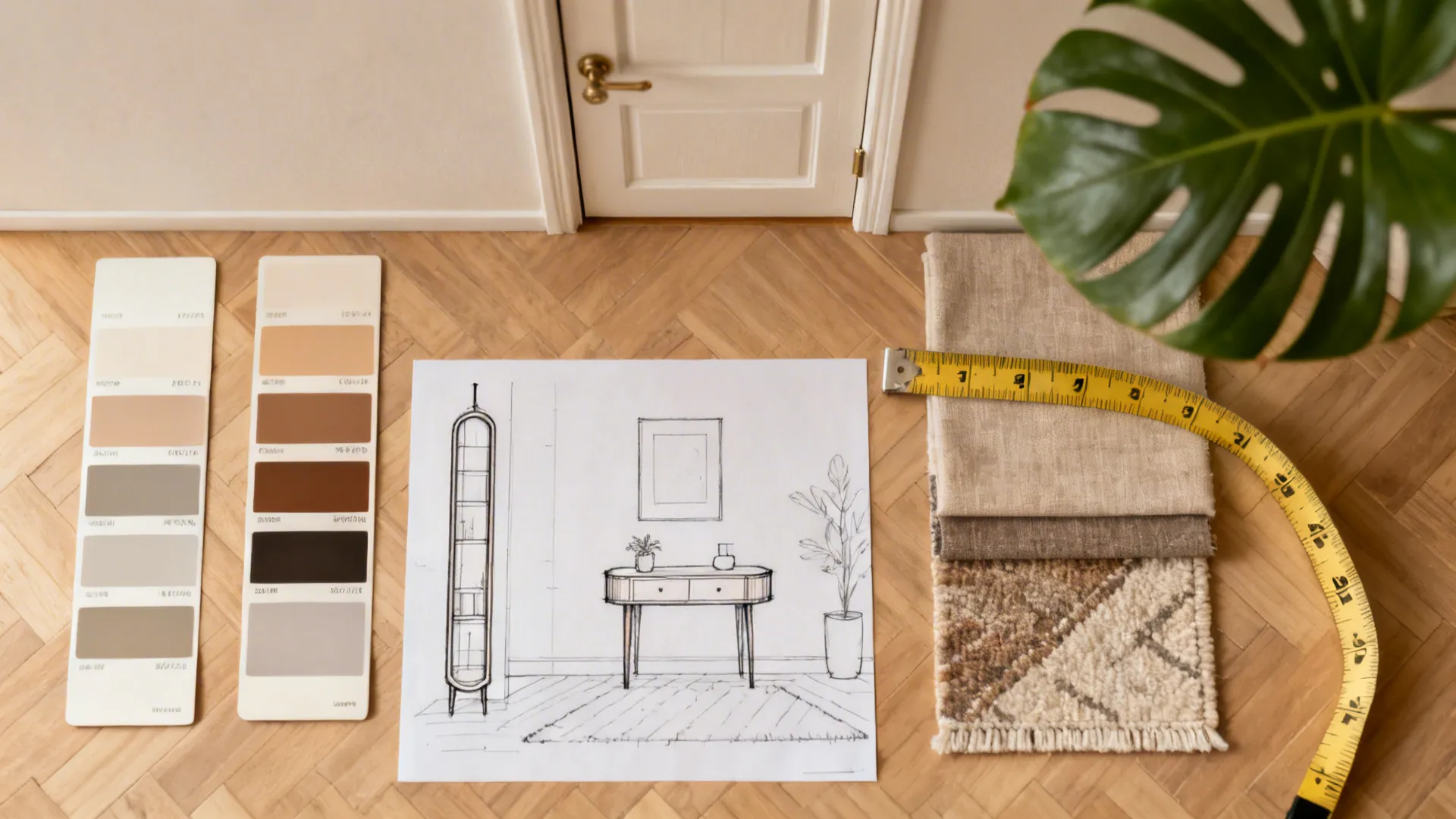 Flatlay of paint swatches, fabric samples, and a tape outline for planning a centered-door living room layout.