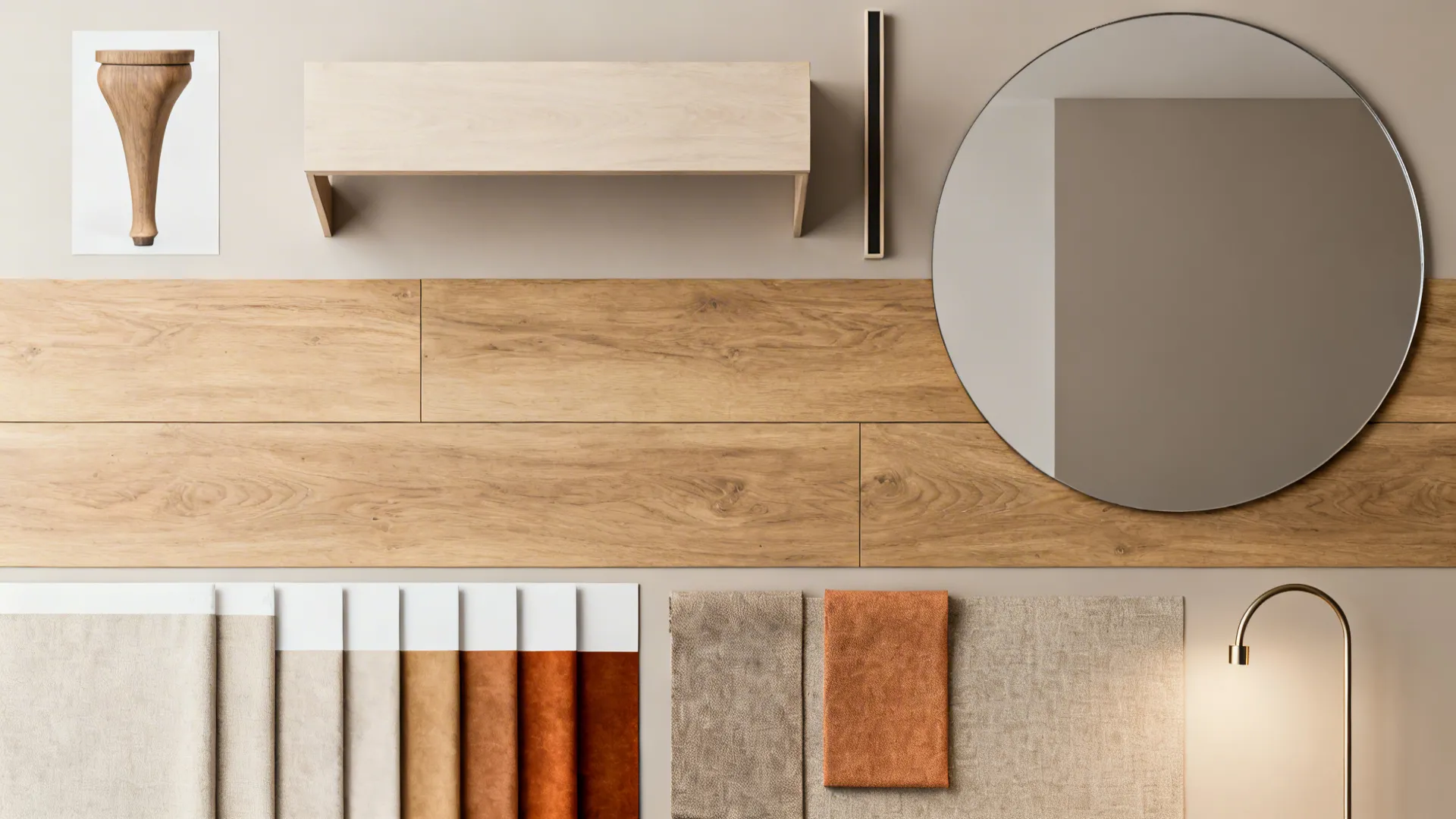 Flatlay of furniture and material samples for styling a long narrow living room