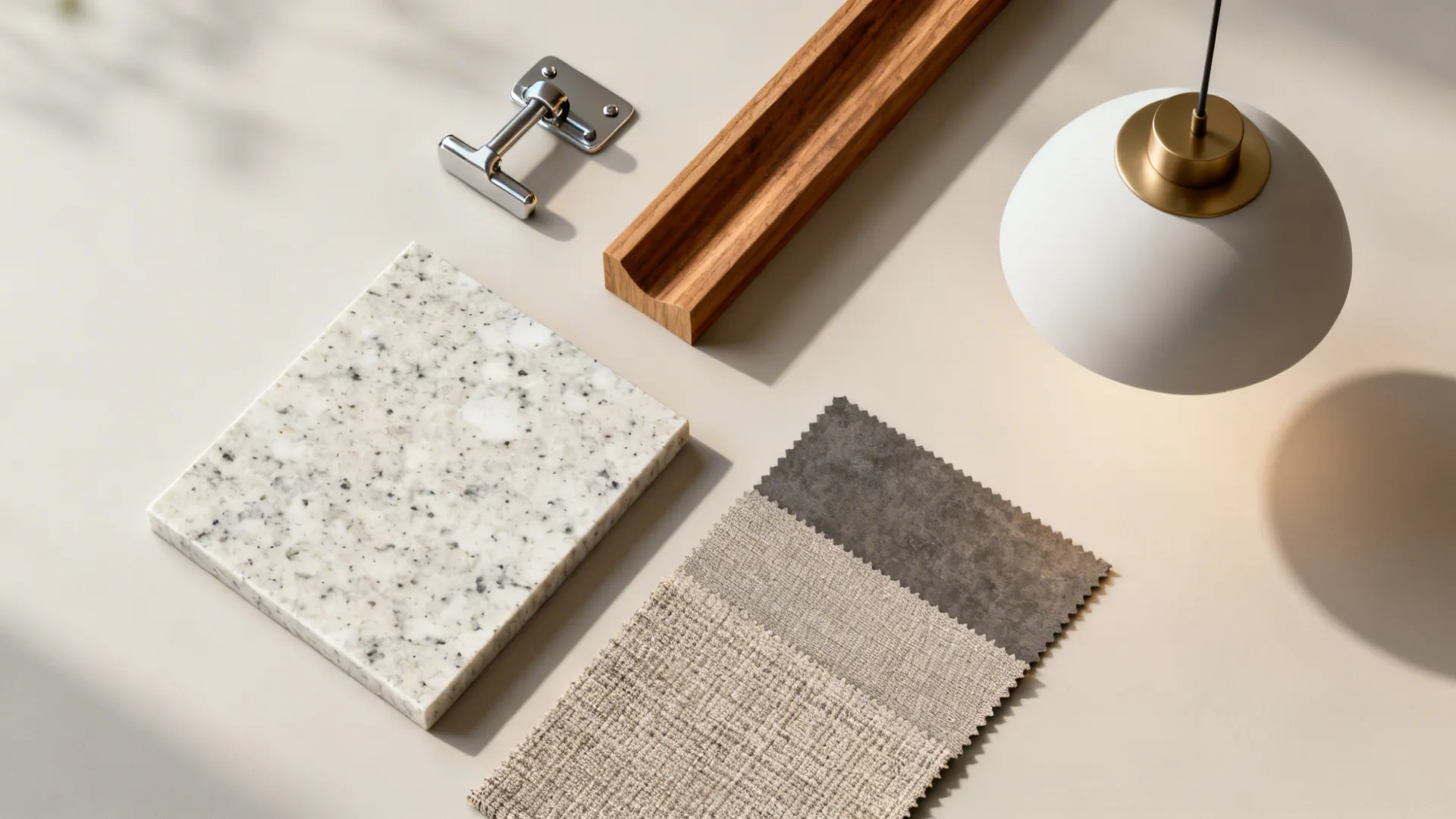 Flatlay of quartz, wood, metal hardware and textile swatches for kitchen-living openings.