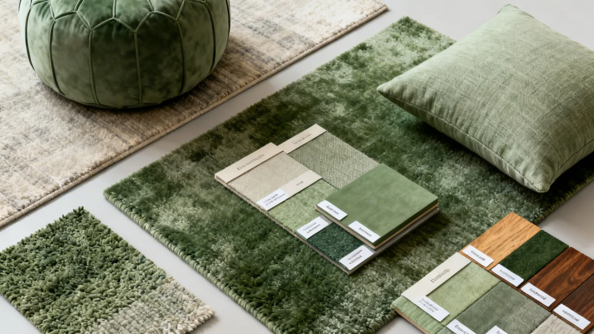 Flatlay of fabric swatches, rug samples and cushion materials for sofa-free seating ideas.