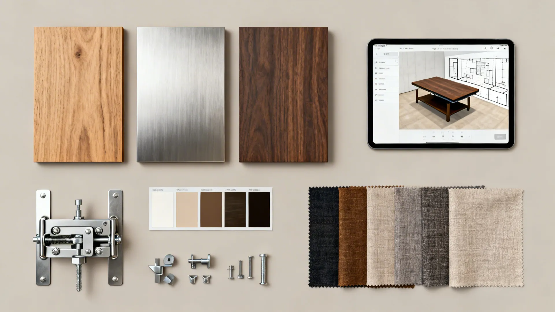 Interior design material layout with wood metal fabric swatches color palette and furniture design tablet