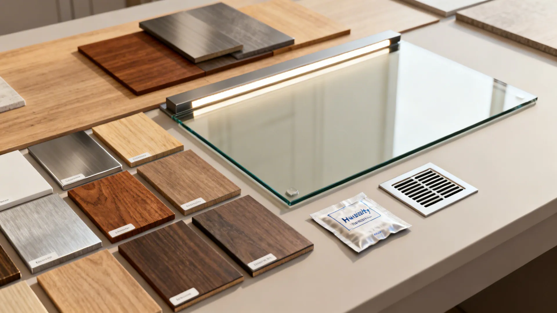 Flatlay of material samples and color swatches for living room wine storage design