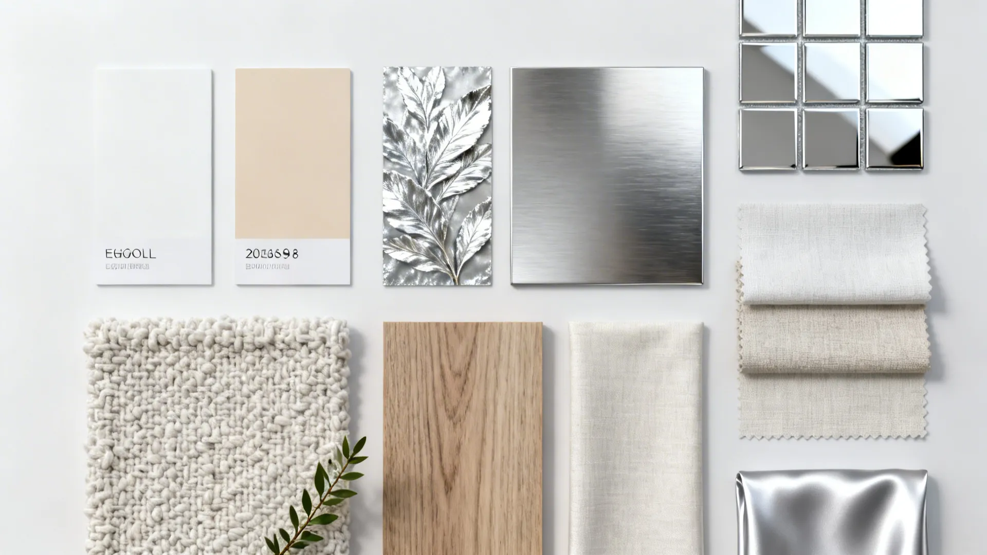 Interior design flat lay featuring wood planks fabric samples metal plates paint colors and rugs