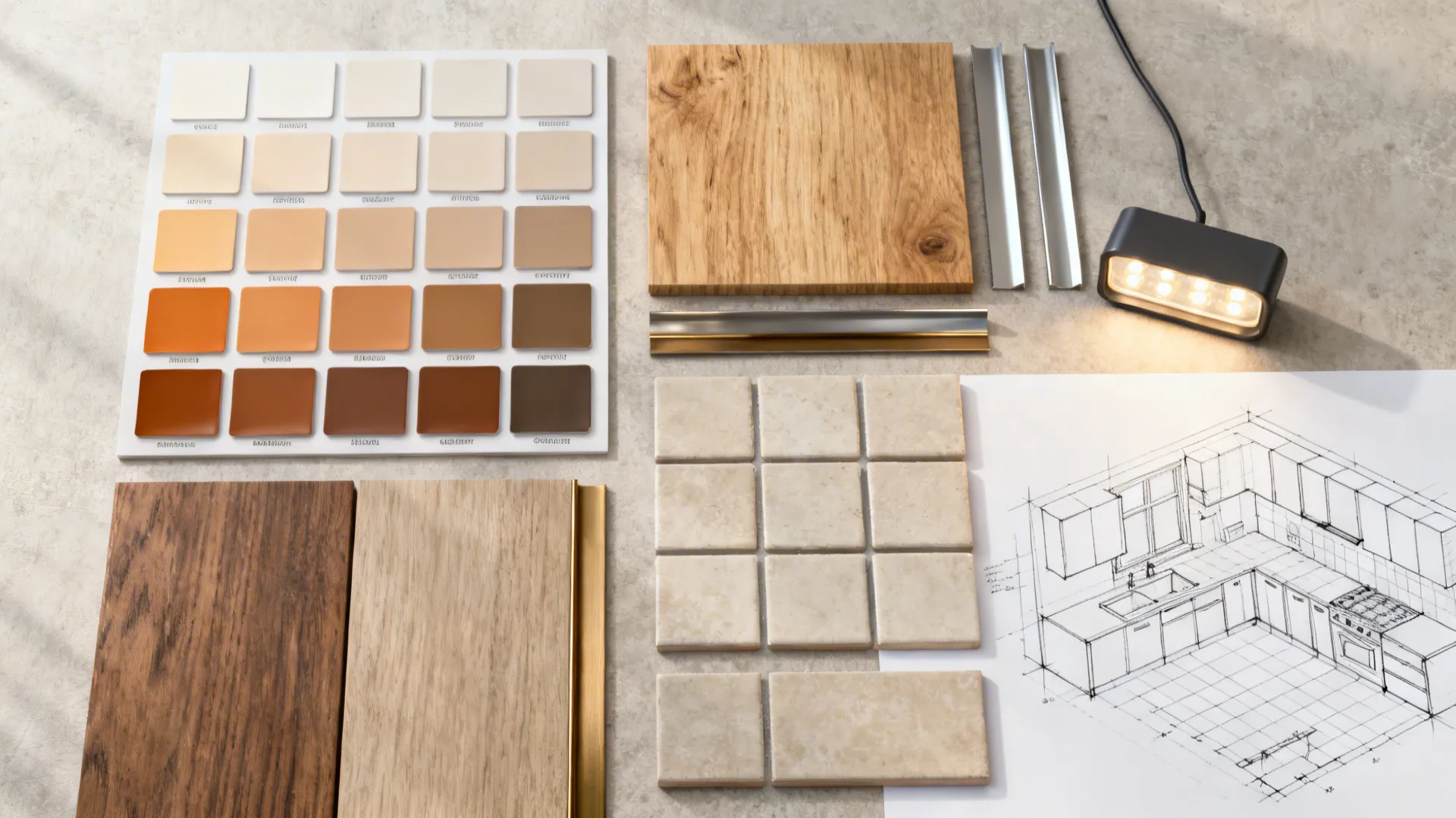 Flatlay of color swatches, wood and tile samples, metal finishes and a 3D sketch for cohesive living-kitchen design.
