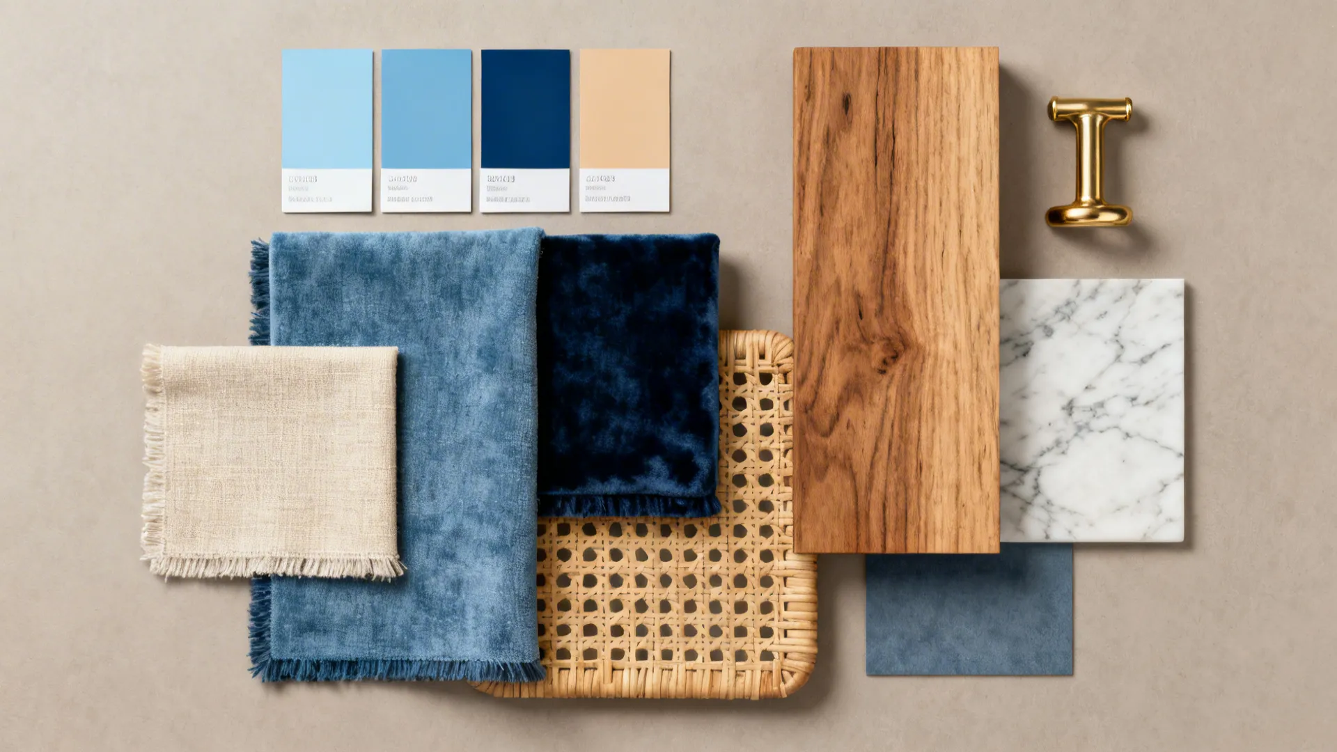Flatlay of paint chips, fabric swatches, wood, rattan and marble samples for blue-beige palette.