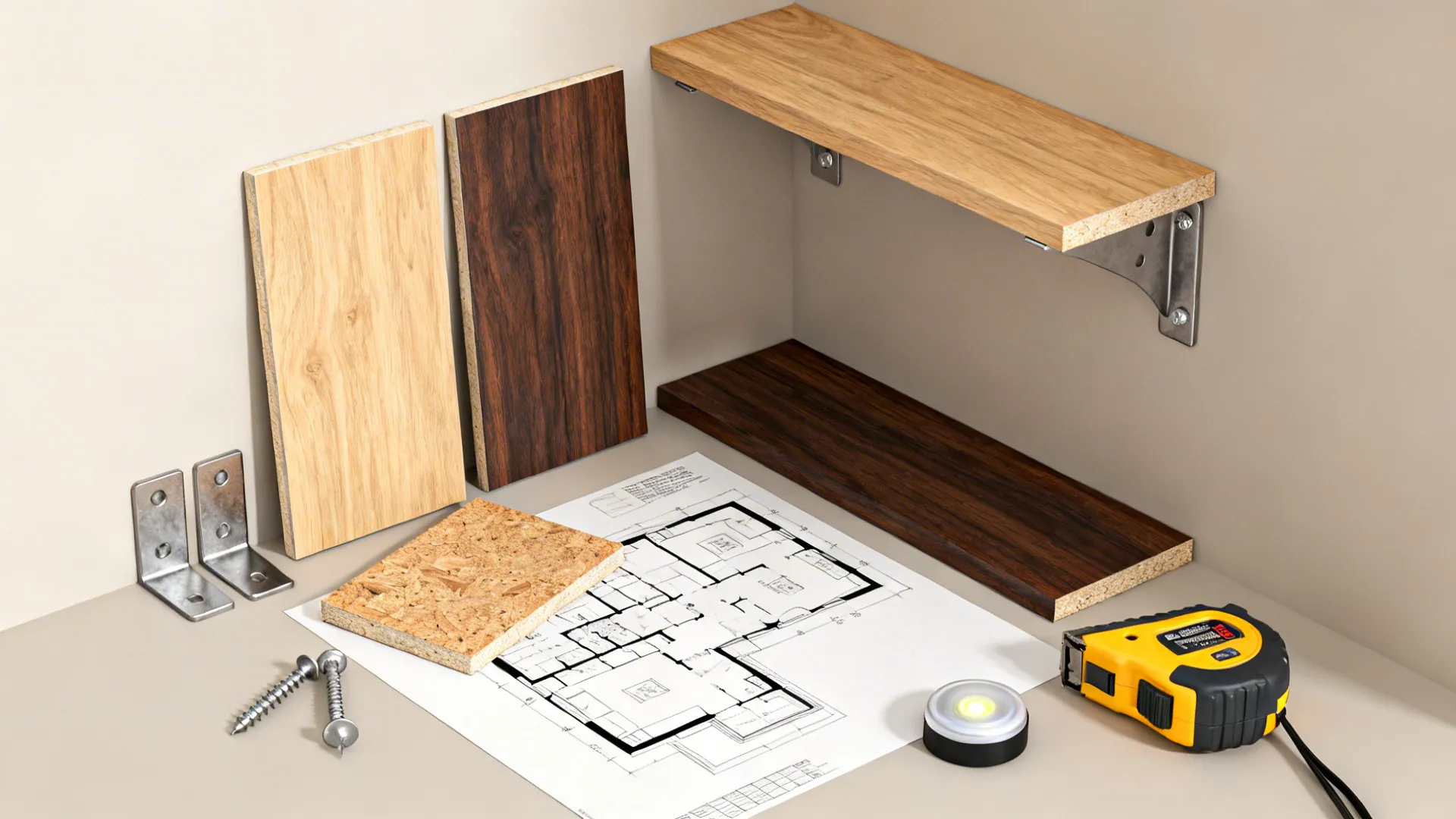 Flatlay of wood, metal, anchors, tape measure and battery LEDs for corner shelf installation.