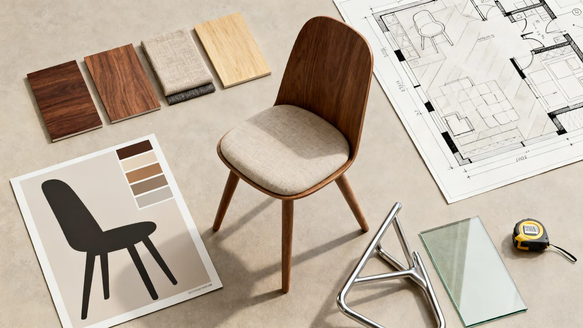 Interior design floor plan layout with wooden chair wood samples fabric swatches and measuring tape tool