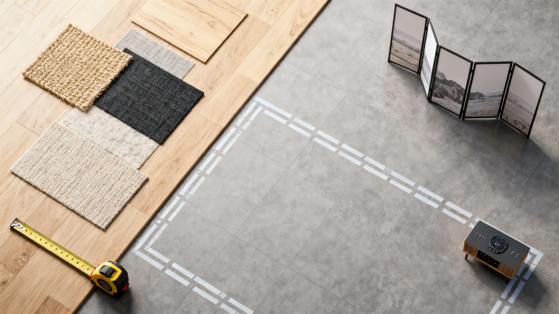 Flatlay of material swatches and mockup tools for testing living-dining separation ideas.