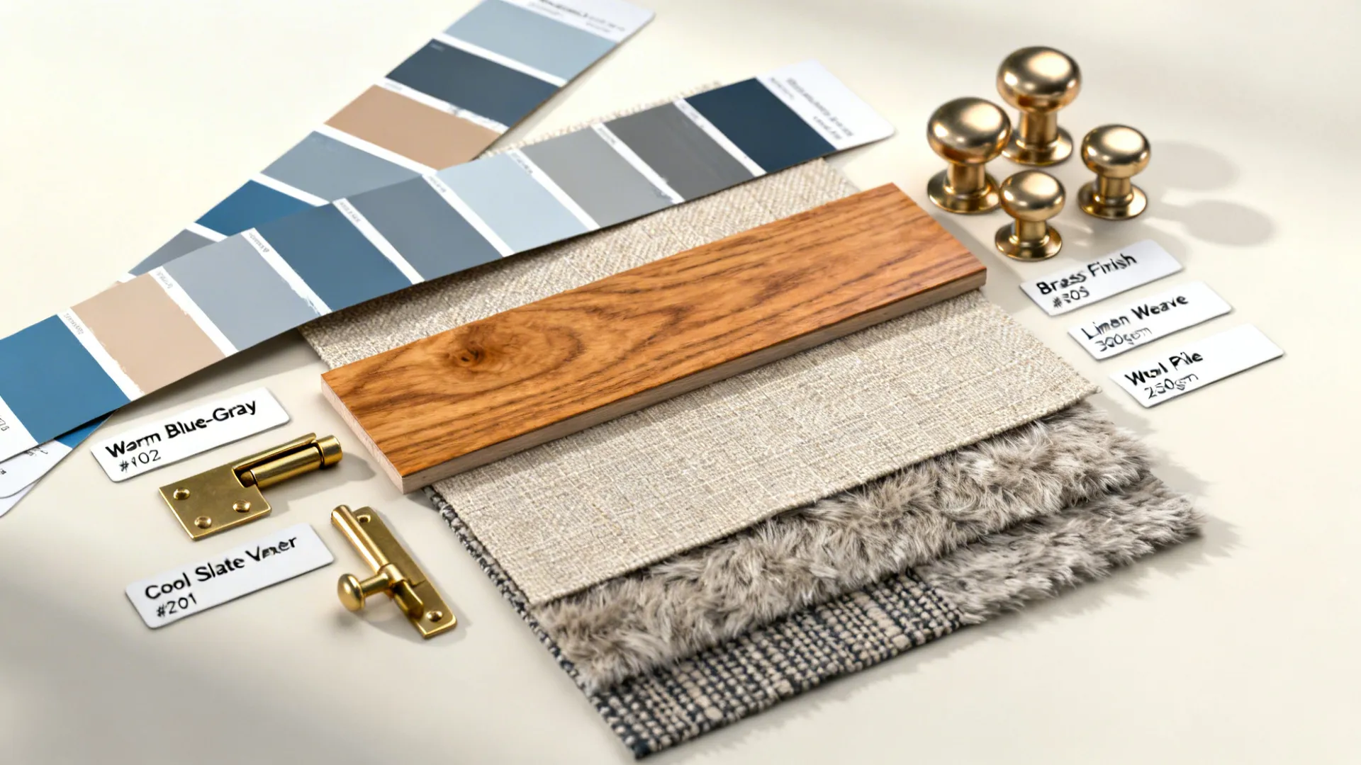 Interior design material samples showing color palette wood plank fabric textures and golden brass hardware