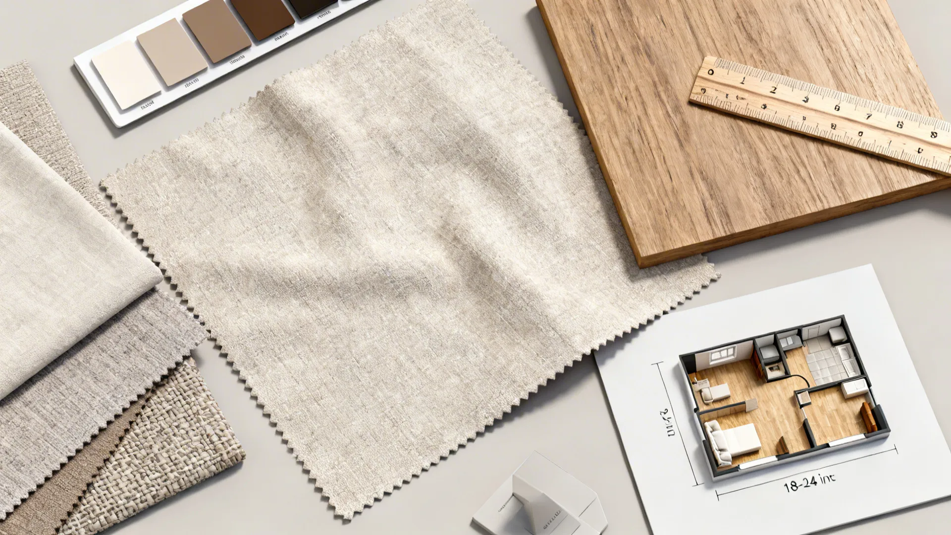 Flatlay of fabric swatches, wood samples, and a miniature floorplan mockup for furniture spacing